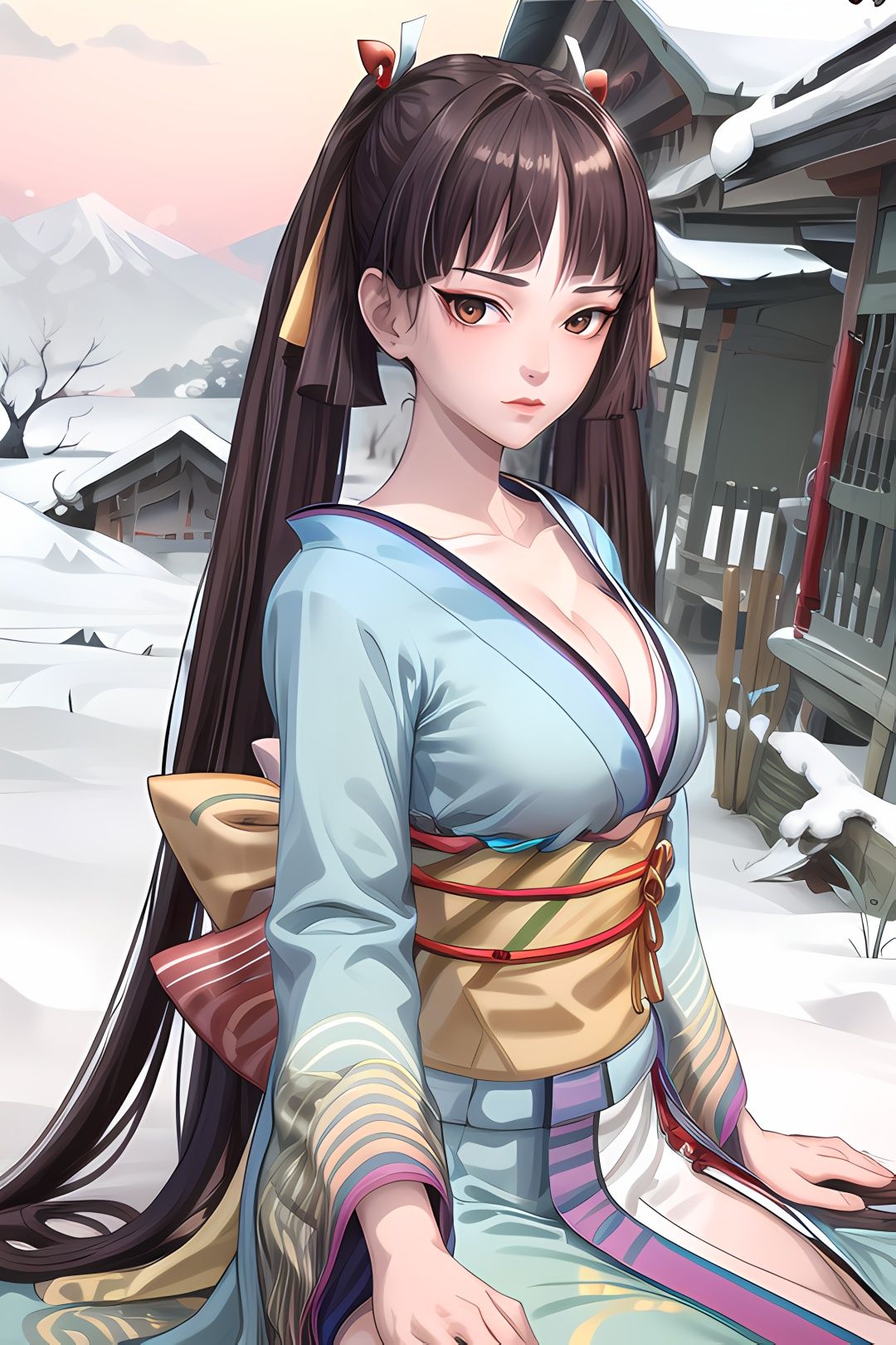 yuanshen, 1girl, solo, japanese clothes, kimono, long hair, sash, brown eyes, twintails, looking at viewer, snow, bangs, obi, brown hair, blunt bangs, outdoors, red ribbon, makeup, tree, blue kimono, ribbon, upper body, very long hair, hair ribbon, closed mouth, black hair,<lora:add_detail:0.5>,<lora:epiNoiseoffset_v2:0.5>,<lora:EnvyBetterHands LoCon_beta2:1>,perfect hands,<lora:阿离1:0.8>,front view,cleavage,sitting,mature female,