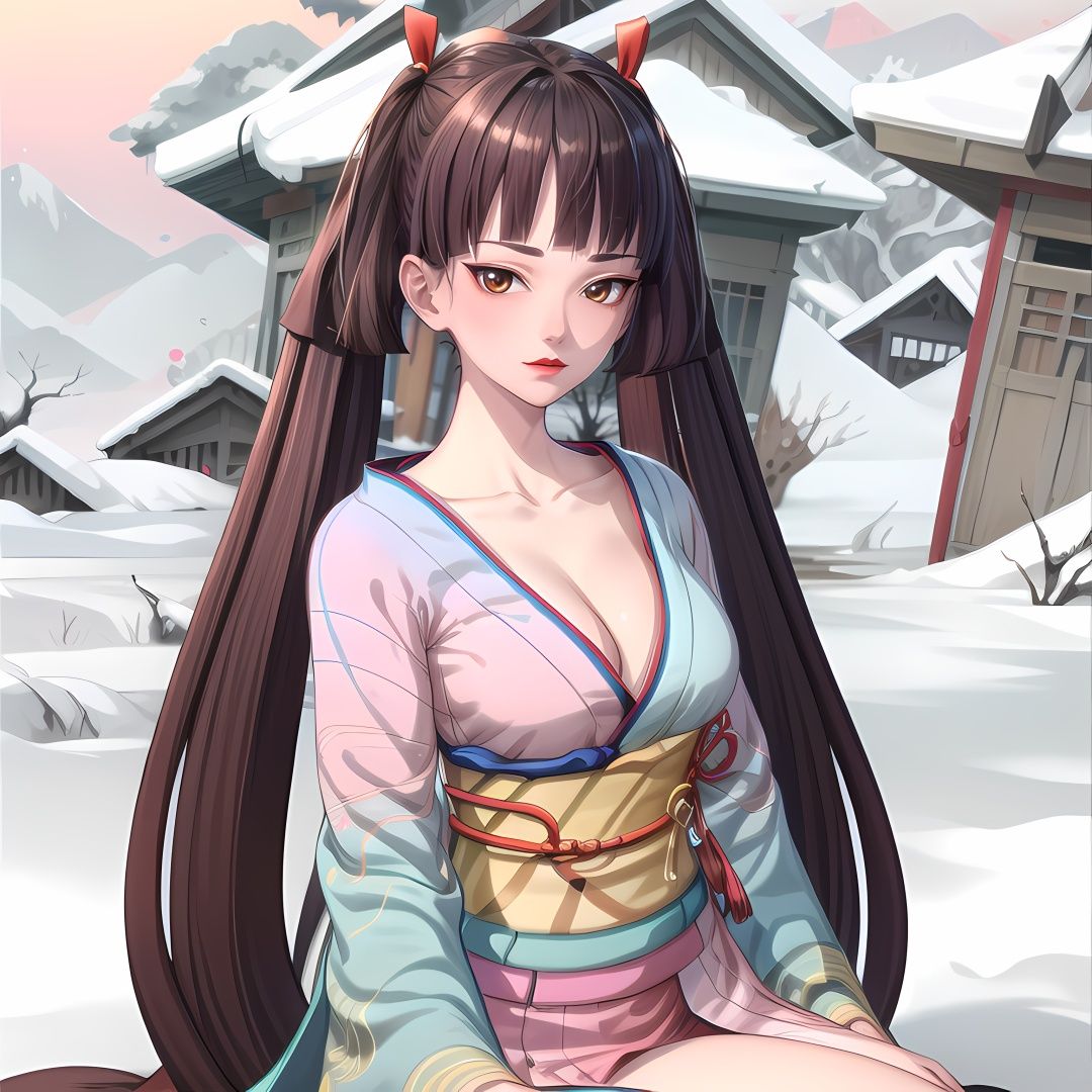 yuanshen, 1girl, solo, japanese clothes, kimono, long hair, sash, brown eyes, twintails, looking at viewer,red lips ,snow, bangs, obi, brown hair, blunt bangs, outdoors, red ribbon, makeup, tree, blue kimono, ribbon, upper body, very long hair, hair ribbon, closed mouth, black hair,<lora:add_detail:0.5>,<lora:epiNoiseoffset_v2:0.5>,<lora:EnvyBetterHands LoCon_beta2:1>,perfect hands,<lora:阿离1:0.8>,front view,cleavage,sitting,mature female,