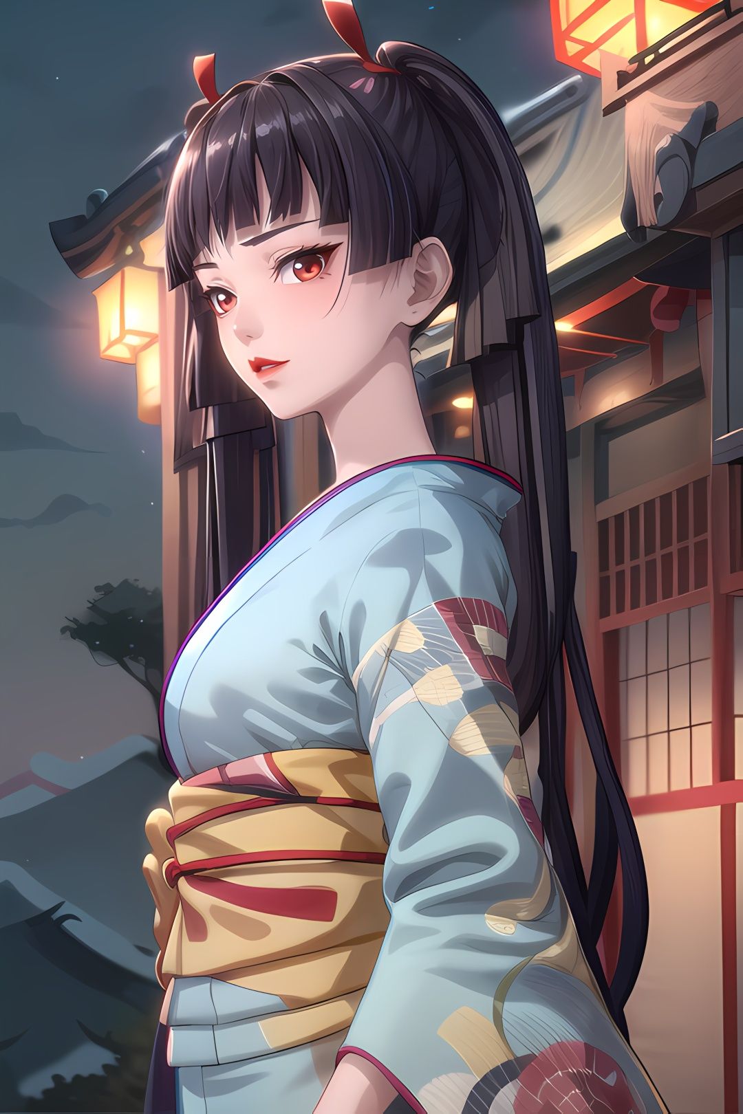 yuanshen,1girl,black hair,looking at viewer,solo,night,twintails,long hair,bangs,japanese clothes,sky,ribbon,upper body,kimono,hair ribbon,blunt bangs,red ribbon,red lips,night sky,red eyes,parted lips,brown eyes,sash,<lora:add_detail:0.5>,<lora:epiNoiseoffset_v2:0.5>,<lora:EnvyBetterHands LoCon_beta2:1>,perfect hands,<lora:阿离1:0.8>,front view,