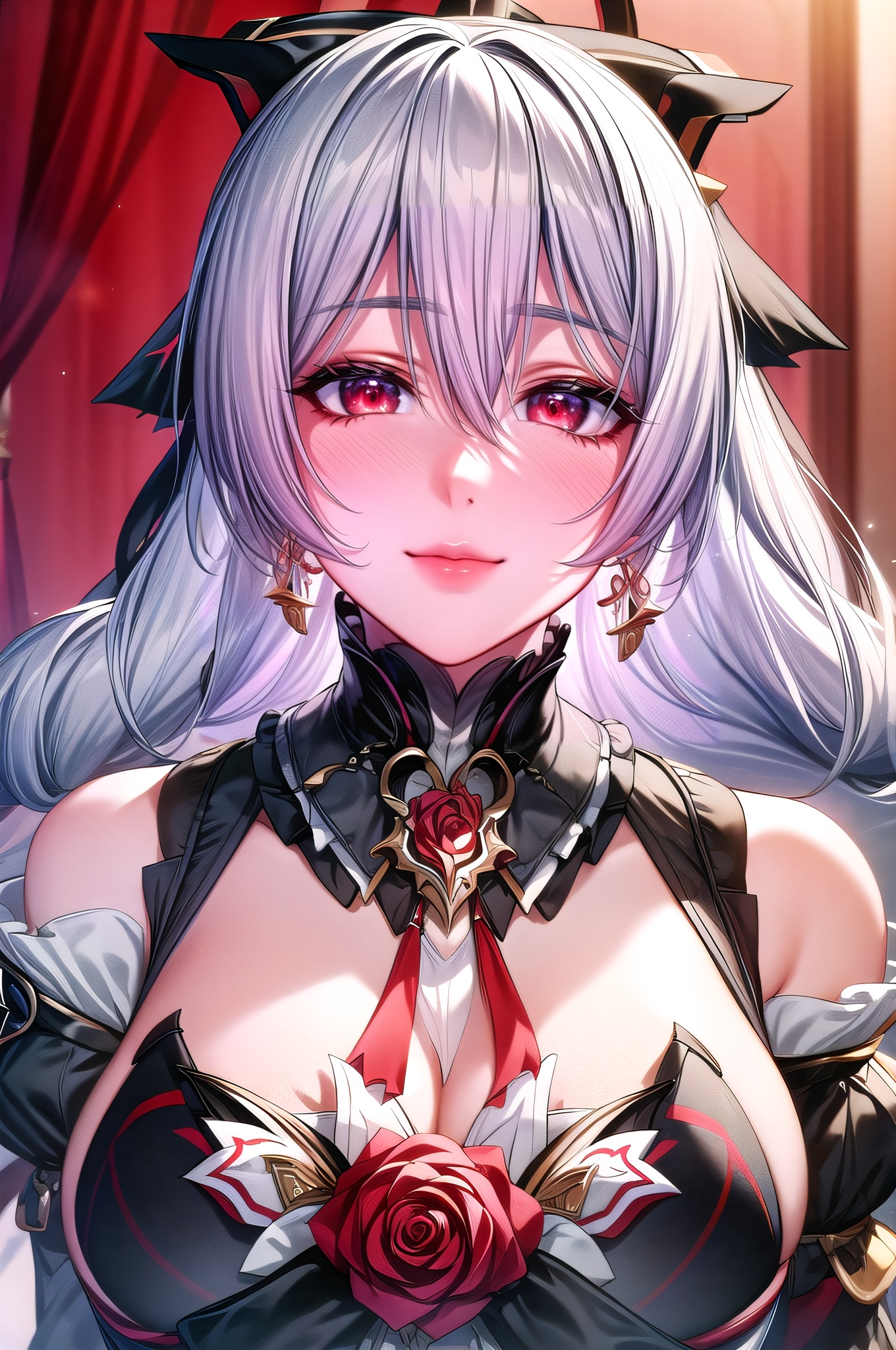 yuanshen, 1girl, breasts, solo, red eyes, long hair, looking at viewer, smile, bare shoulders, large breasts, hair ornament, cleavage, dress, red flower, rose, flower, red rose, hair between eyes, blush, simple background, upper body, closed mouth, bangs, detached sleeves, black dress, grey hair, grey background, jewelry, nice hands,  perfect balance, looking at viewer, closed mouth, (Light_Smile:0.3), official art, extremely detailed CG unity 8k wallpaper, perfect lighting, Colorful, Bright_Front_face_Lighting, White skin, (masterpiece:1), (best_quality:1), ultra high res, 4K, ultra-detailed, photography, 8K, HDR, highres, absurdres:1.2, Kodak portra 400, film grain, blurry background, bokeh:1.2, lens flare, (vibrant_color:1.2), professional photograph, (narrow_waist),