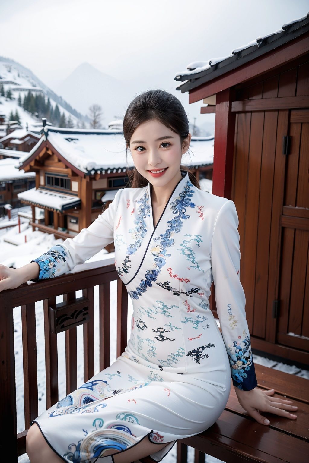 1girl,smile,sitting,upper body,china dress\(haihang\),long hair,<lora:踏山听海【空姐suit】:0.8>,Snowy Alpine Village with Timber Houses,