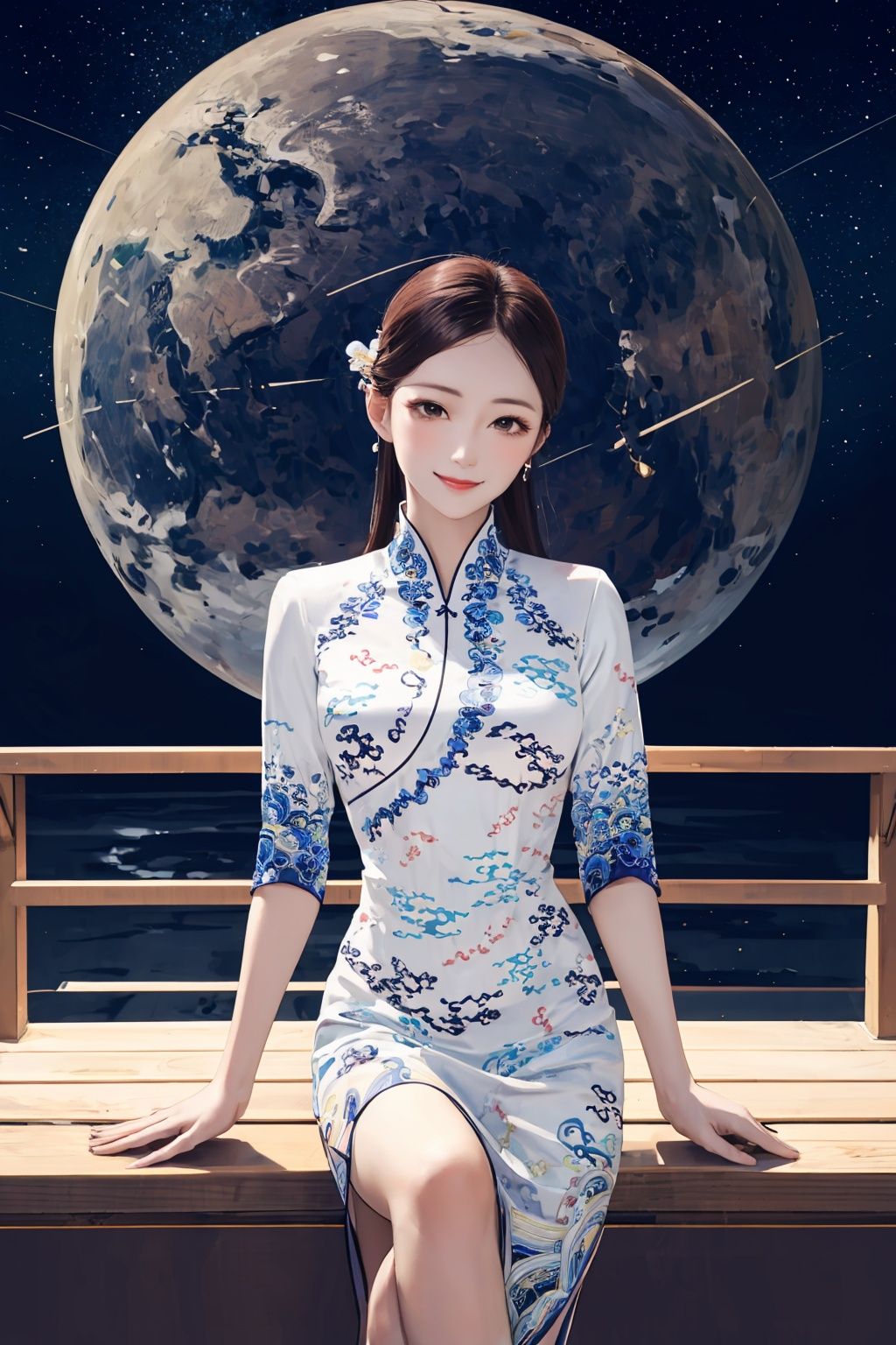 masterpiece,best quality,1girl,smile,sitting,upper body,china dress\(haihang\),long hair,<lora:踏山听海【空姐suit】:0.9>,Celestial Bridge Leading to the Stars,