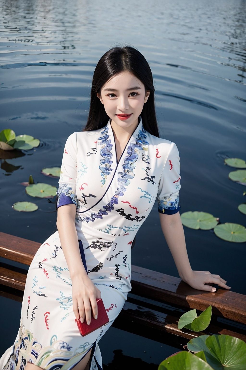 1girl,smile,sitting,upper body,china dress\(haihang\),long hair,<lora:踏山听海【空姐suit】:0.8>,Tranquil Lagoon with Swans and Waterlilies,