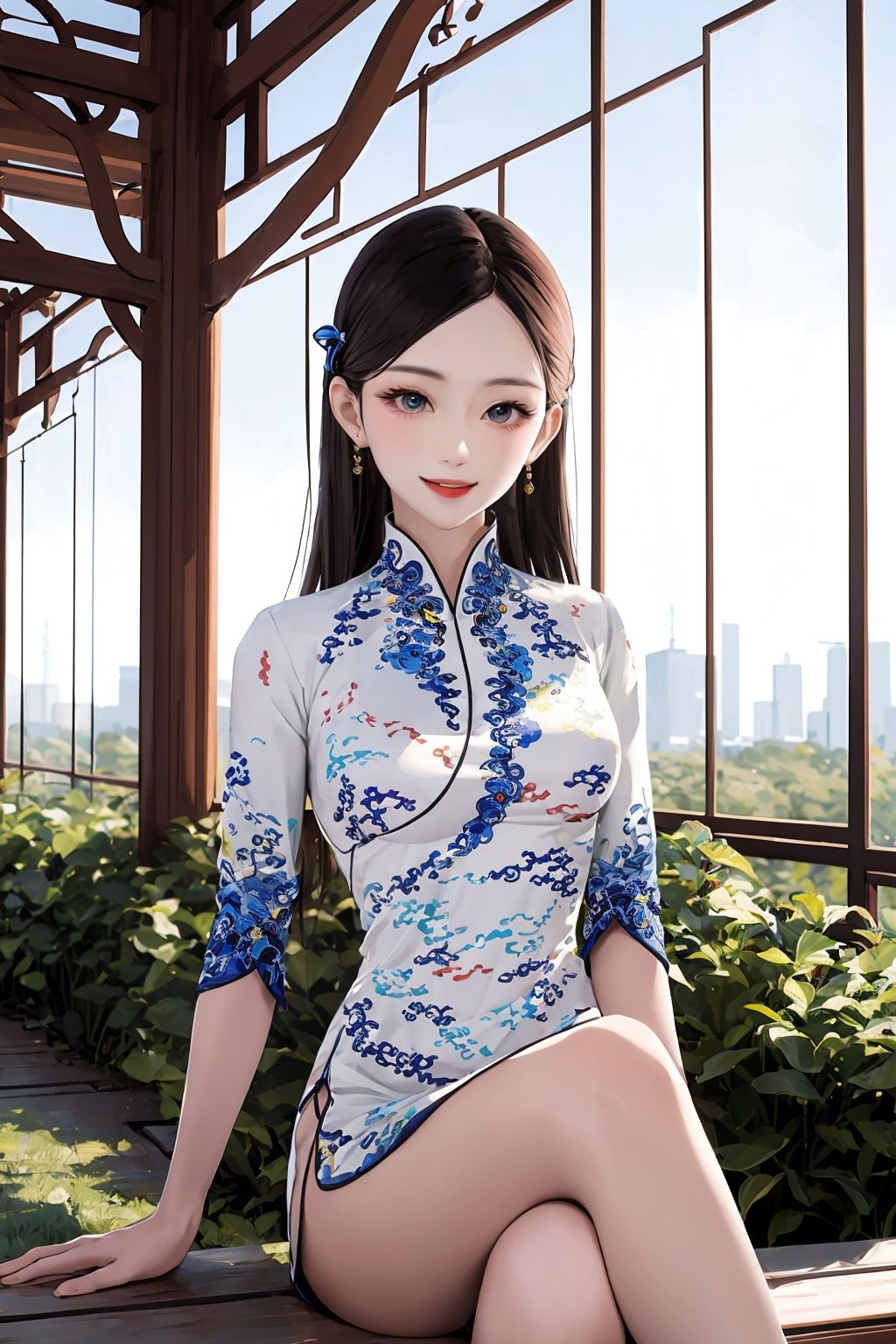 masterpiece,best quality,1girl,smile,sitting,upper body,china dress\(haihang\),long hair,<lora:踏山听海【空姐suit】:0.9>,Whimsical Fairy Forest with Enchanted Creatures,