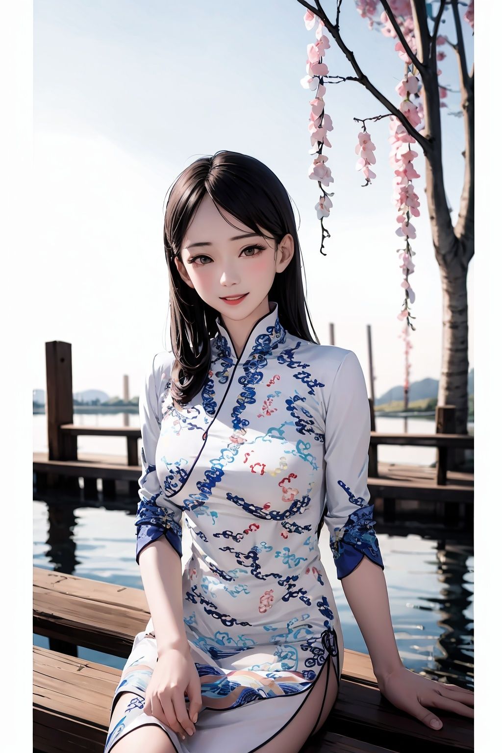 masterpiece,best quality,1girl,smile,sitting,upper body,china dress\(haihang\),long hair,<lora:踏山听海【空姐suit】:0.9>,Peaceful riverside with weeping willow trees and a wooden bridge,