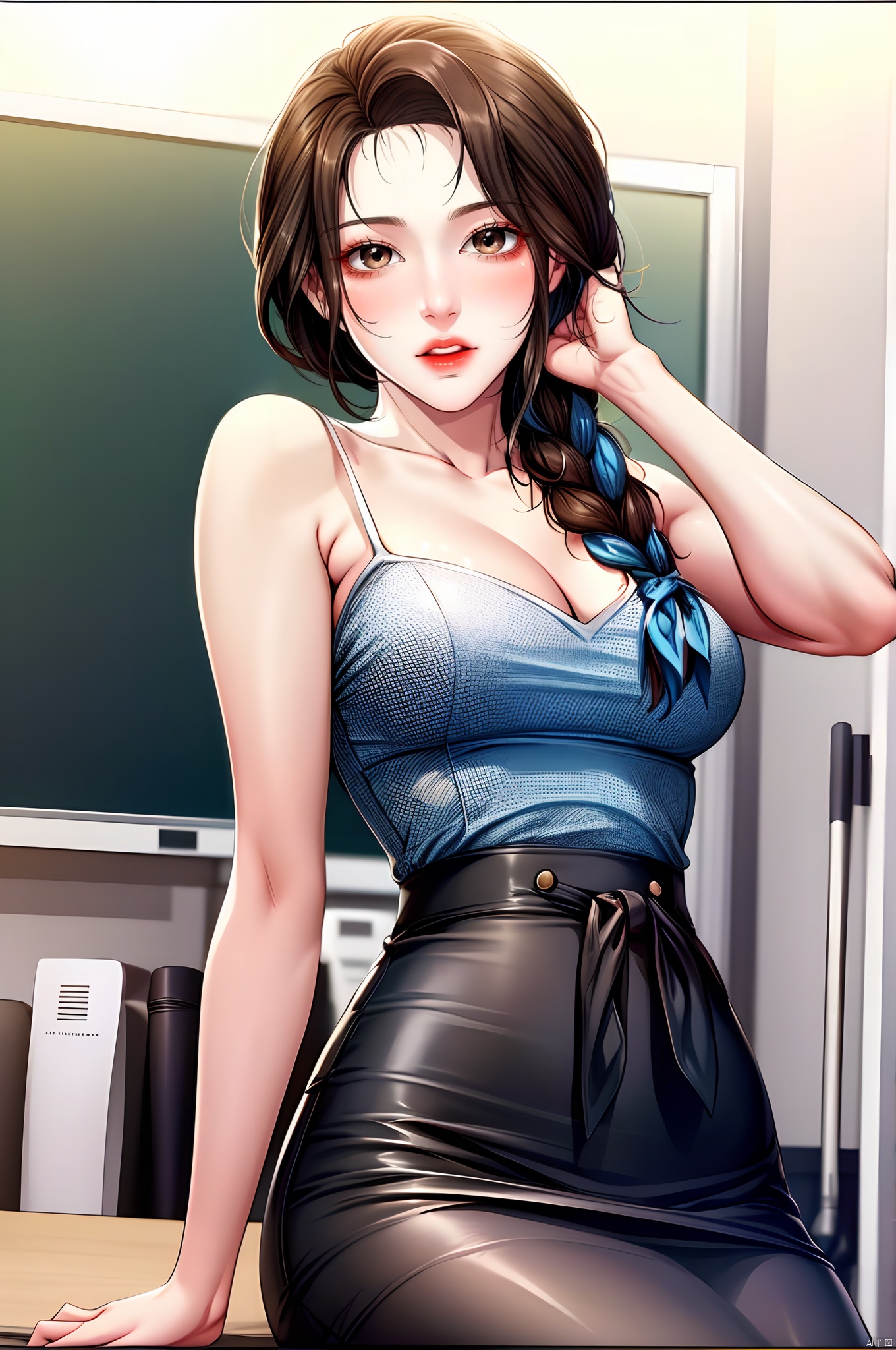 yuanshen,1girl,solo,brown hair,brown eyes,braid,hair over shoulder,looking at viewer,long hair,parted lips,ribbon,lips,hair ribbon,teacher,classroom,blackboard,shirt, skirt, pencil skirt,mature female,single braid,camisole,cowboy_shot,sitting,arms support,perfect balance,looking at viewer,(Focus on her face),(innocent_big_eyes:1),(Light_Smile:0.3),official art,extremely detailed CG unity 8k wallpaper,perfect lighting,Colorful,Bright_Front_face_Lighting,(masterpiece:1),(best_quality:1),ultra high res,4K,ultra-detailed,photography,8K,HDR,highres,absurdres:1.2,Kodak portra 400,film grain,blurry background,bokeh:1.2,lens flare,(vibrant_color:1.2),professional photograph,(beautiful_face:1.5),(narrow_waist),nice hands