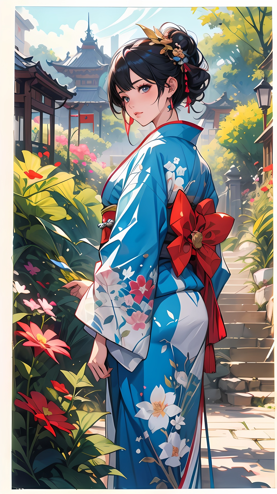 anime girl in a kimono outfit standing in a garden,  artgerm and atey ghailan,  beautiful character painting on Tensor.Art