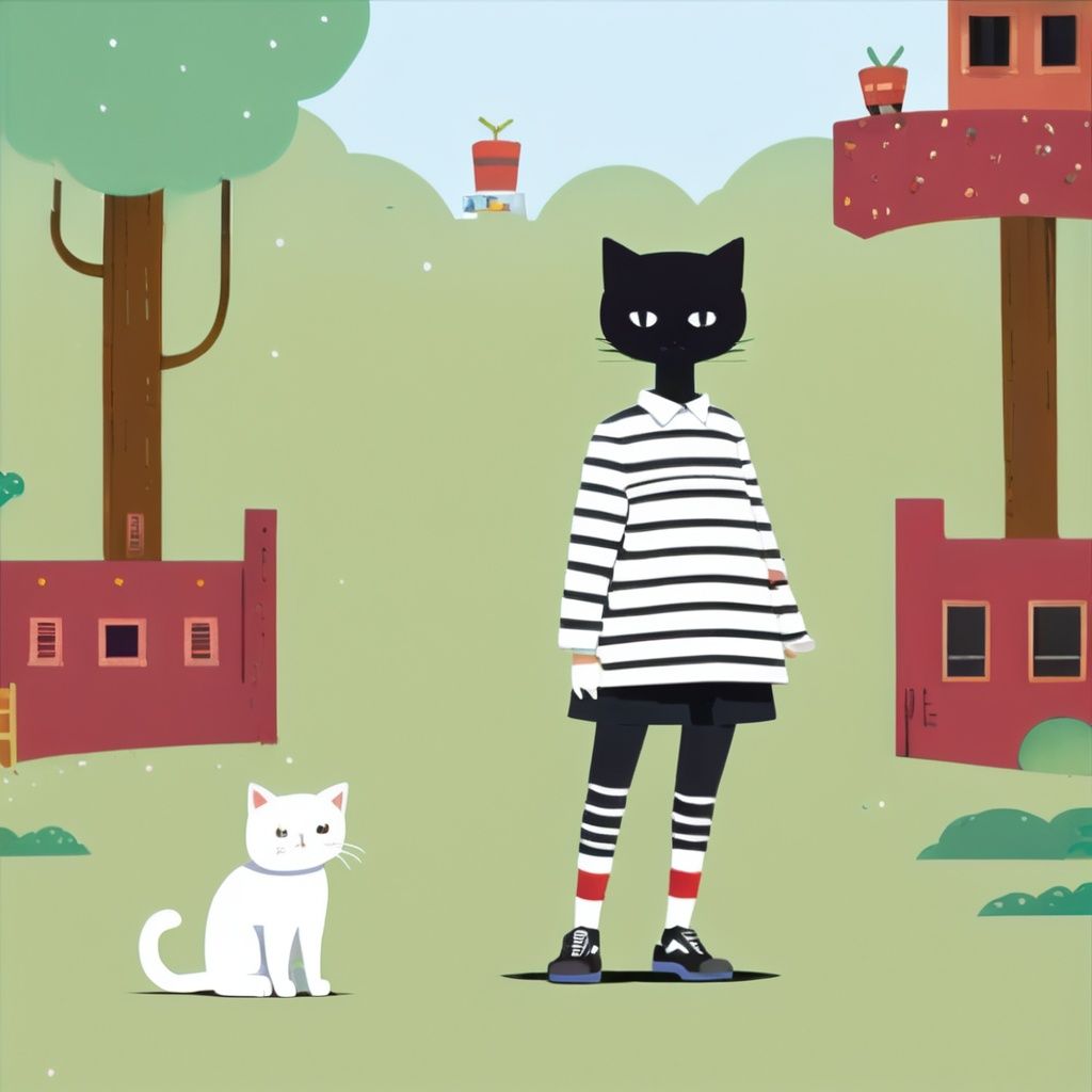 1girl, animal, black cat, black eyes, cat, full body, shirt, shoes, short hair, simple background, solo, standing, striped, white background, white cat, bianpingview,<lora:bianpingview:1>