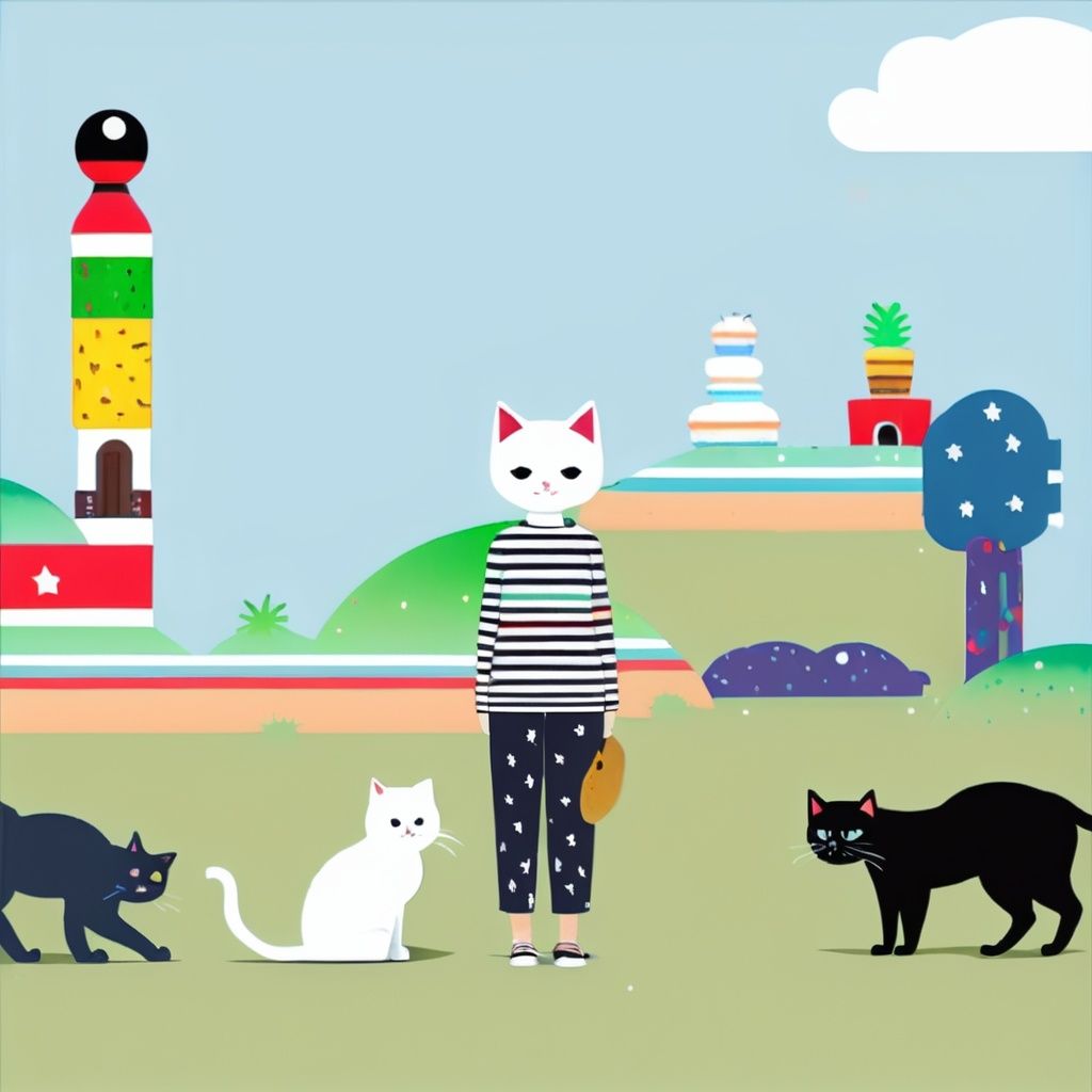 1girl, animal, black cat, black eyes, cat, full body, shirt, shoes, short hair, simple background, solo, standing, striped, white background, white cat, bianpingview,<lora:bianpingview:1>