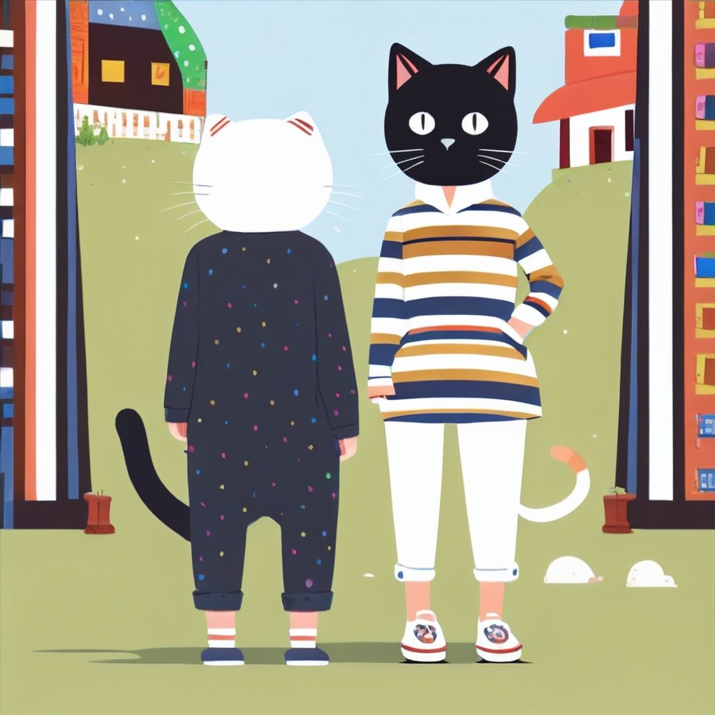 1girl, animal, black cat, black eyes, cat, full body, shirt, shoes, short hair, simple background, solo, standing, striped, white background, white cat, bianpingview,<lora:bianpingview:1>