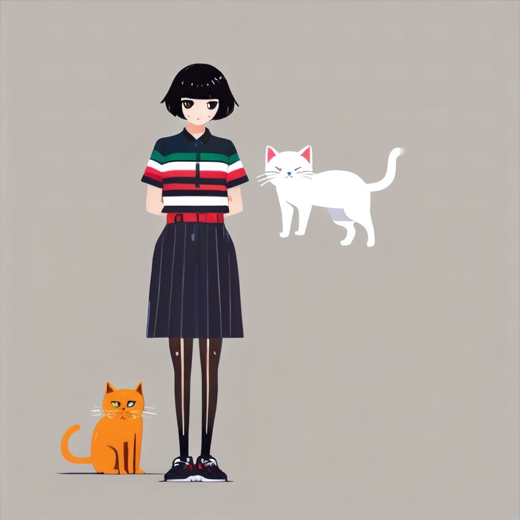 1girl, animal, black cat, black eyes, cat, full body, shirt, shoes, short hair, simple background, solo, standing, striped, white background, white cat, bianpingview,<lora:bianpingview:1>
