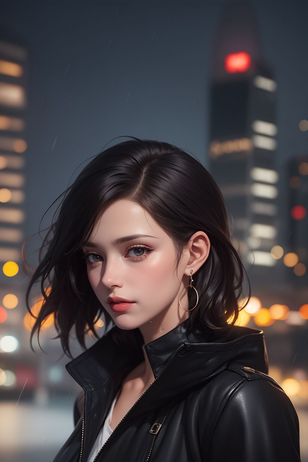 portrait,realistic photoshop,night,city, rain,,,1gril,short hair, black hair,Flowing hair,Wet hair,black clothes,earrings, Jacket,