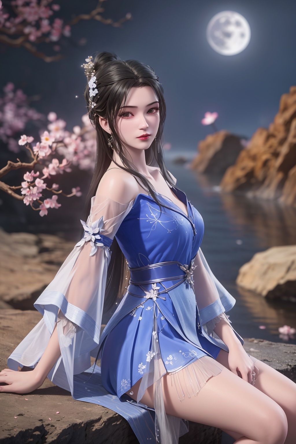 limuwan,1girl,solo,looking at viewer,extremely detailed CG,unity 8k wallpaper,best quality,masterpiece,3D,sittingfull moon,cowboy_shot,front view,water,road,starry background,short dress,blue skirt(falling petals:1.1),(branch:1.1),(rock:1.1),(petals:1.1), hot springs, valley