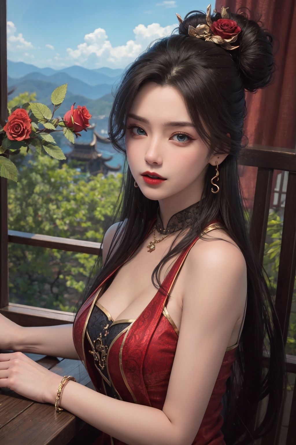 1girl, dress, red dress, hair ornament, jewelry, earrings, brown hair, upper body, bare shoulders, blue eyes, indoors, breasts, chinese clothes, long hair, 1boy, sleeveless, hair bun, closed mouth，solo, blonde hair, crossed legs, long hair, red chinese clothes, window, outdoors, clothes writing, bangs, short sleeves, cosplay,(sitting:1.3), red lips, outdoors, looking at viewer, earrings, necklace, day,roses，sky，blue sky，cloud，rose garden，upper body，flowers，ultra-detailed, highres, extremely detailed,best quality ,masterpiece, illustration, extremely delicate and beautiful,CG ,unity ,8k wallpaper,Amazing, finely detail,official art, <lora:dingdang-xingyaoxs:0.55>