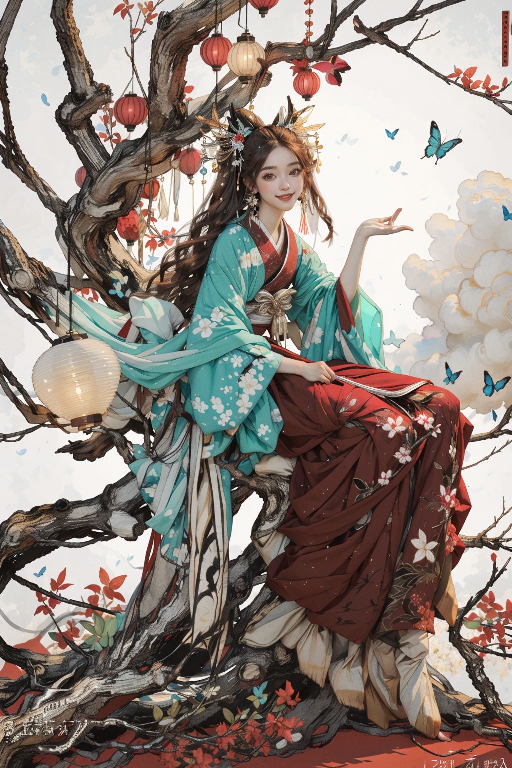 (masterpiece:1.2),best quality,realistic,ghost nocturnal,1girl, solo, bug, brown hair, lantern, butterfly, tree, sitting, long hair, scroll, smile, branch, hair ornament, japanese clothes, looking at viewer, sash, wide sleeves, cloud, long sleeves, full body, dated, kimono<lora:ghost nocturnal-000018:1>,<lora:neg4all_bdsqlsz_V3.5:1>,