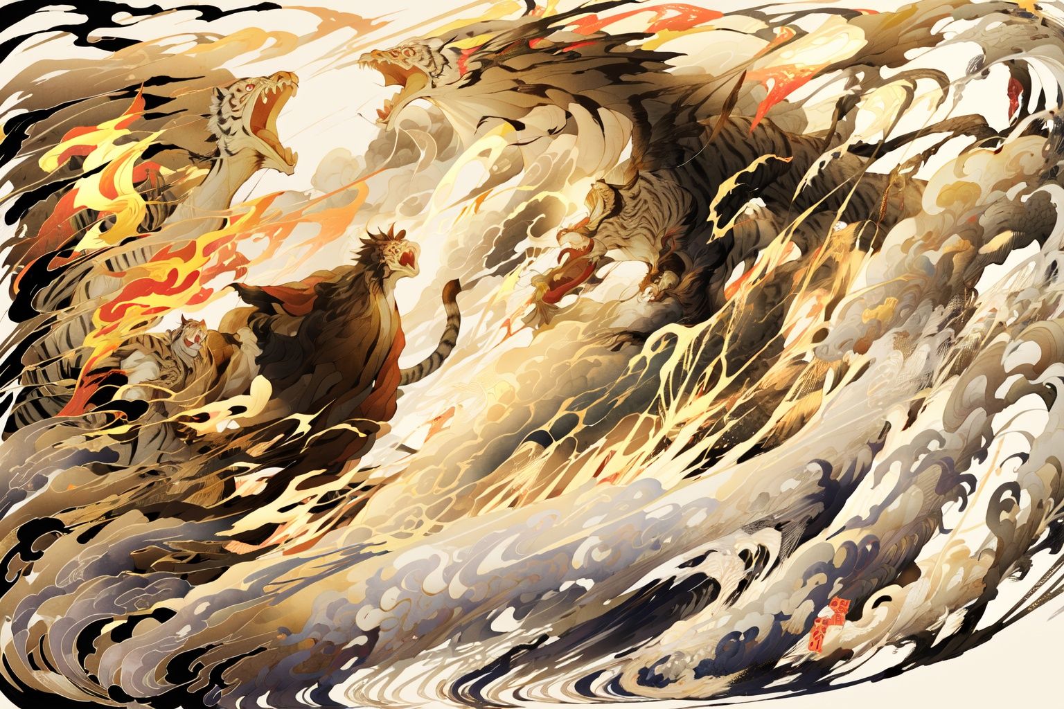 -ghost nocturnal, tiger, eastern dragon, dragon, japanese clothes, fire, red eyes, open mouth, waves, 2boys, male focus, multiple boys, kimono, sharp teeth, cloud, 1boy<lora:ghost nocturnal-000018:1>