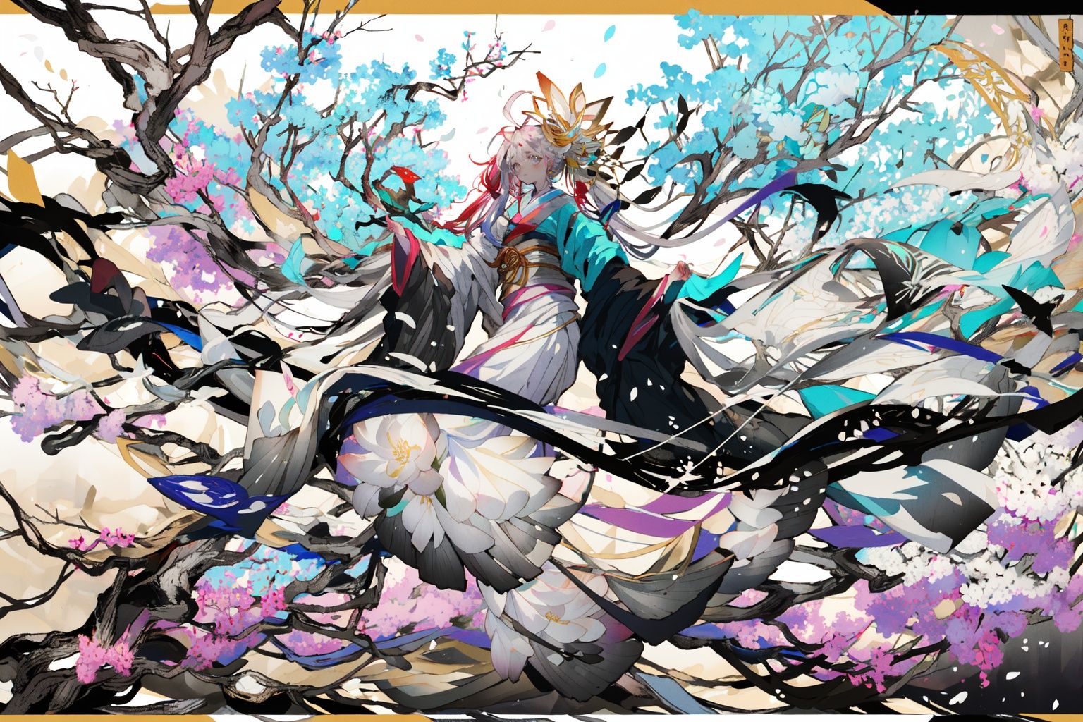 (masterpiece:1.2),best quality,PIXIV,ghost nocturnal,1girl, solo, long hair, kimono, japanese clothes, tree, sash, ahoge, very long hair, wide sleeves, obi, long sleeves, cherry blossoms, grey kimono, barefoot, flower, hair ornament, twintails, looking at viewer, full body, closed mouth<lora:ghost nocturnal-000018:1>,<lora:neg4all_bdsqlsz_V3.5:1>,