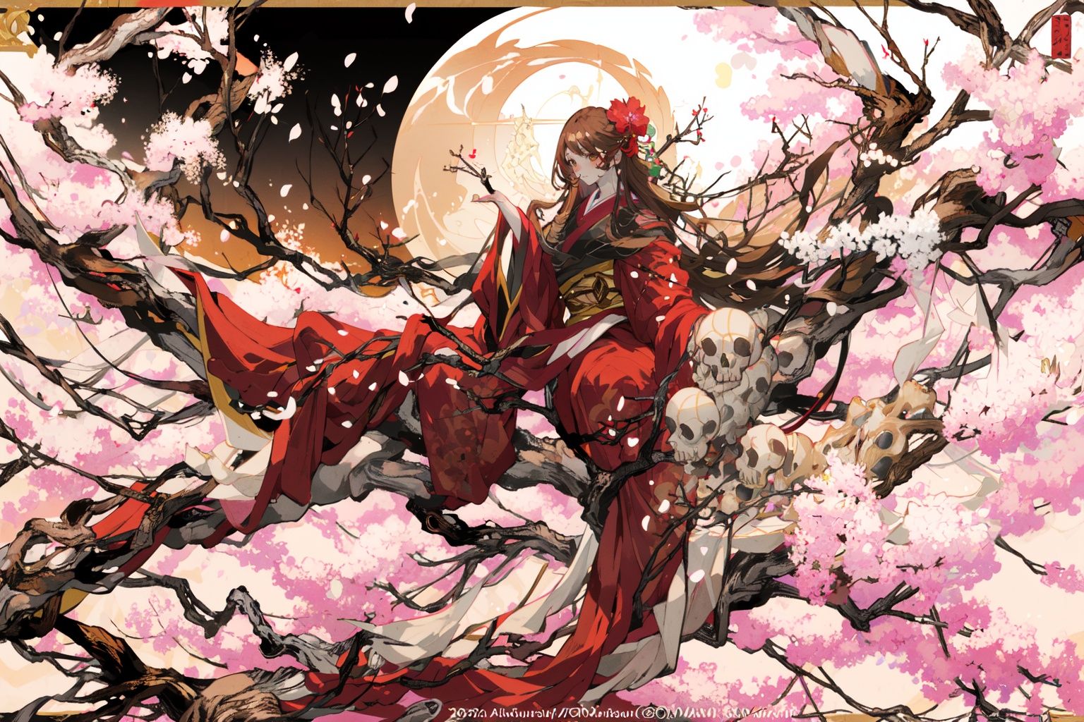 (masterpiece:1.2),best quality,PIXIV,ghost nocturnal,1girl, long hair, solo, cherry blossoms, tree, skull, japanese clothes, moon, kimono, brown hair, full moon, very long hair, petals<lora:ghost nocturnal-000018:1>,<lora:neg4all_bdsqlsz_V3.5:1>,