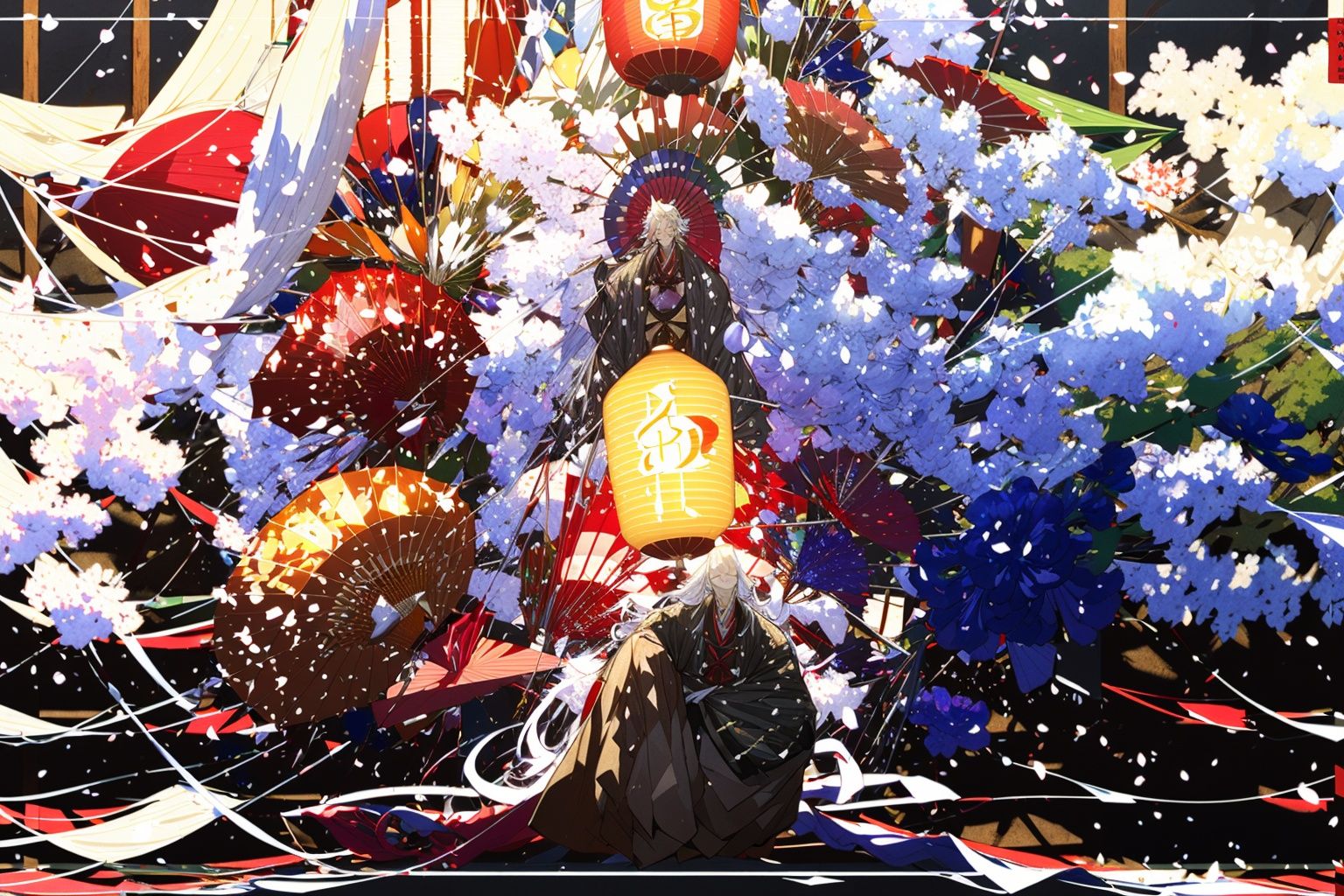 -ghost nocturnal, long hair, solo, umbrella, japanese clothes, lantern, sakazuki, 1boy, male focus, very long hair, alcohol, white hair, kimono, cup, flower, oil-paper umbrella, sitting, smile, cherry blossoms, looking at viewer, closed eyes, sake, wide sleeves, paper lantern, petals, holding<lora:ghost nocturnal-000018:1>