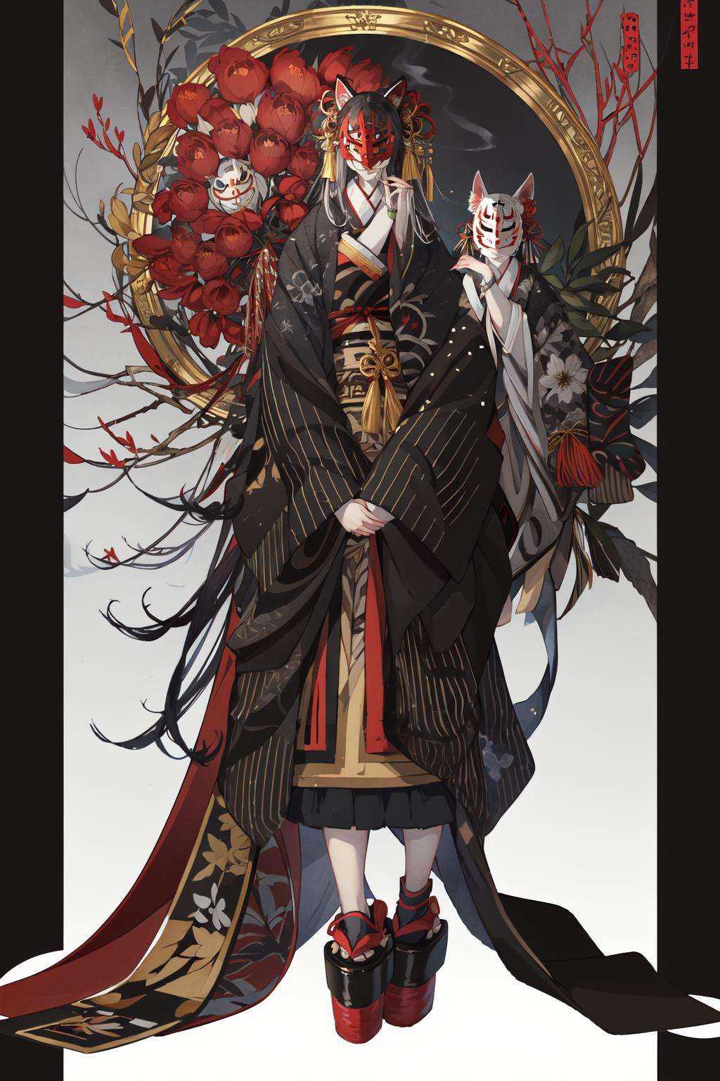 (masterpiece:1.2),best quality,anime,ghost nocturnal,smoking pipe,1girl,long hair,kiseru,kimono,fox mask,holding smoking pipe,sash,wide sleeves,mask,obi,red lips,hair ornament,tassel,bell,black hair,long sleeves,platform footwear,tabi,flower,standing,smoke,full body,sleeves past wrists,geta,simple background,very long hair,covered eyes,own hands together,black footwear,facing viewer,bangs,smile,closed mouth,grey hair,<lora:ghost nocturnal-000018:1>,