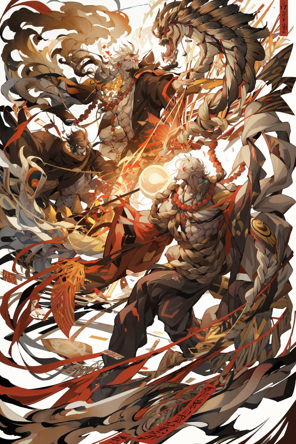(masterpiece:1.2),best quality,PIXIV,ghost nocturnal,multiple boys,mask,long hair,white hair,holding,horns,drum,instrument,colored skin,muscular,weapon,rope,japanese clothes,beads,red eyes,2boys,wide sleeves,muscular male,pants,scroll,smoke,drumsticks,jewelry,ofuda,<lora:ghost nocturnal-000018:1>,<lora:neg4all_bdsqlsz_V3.5:1>,