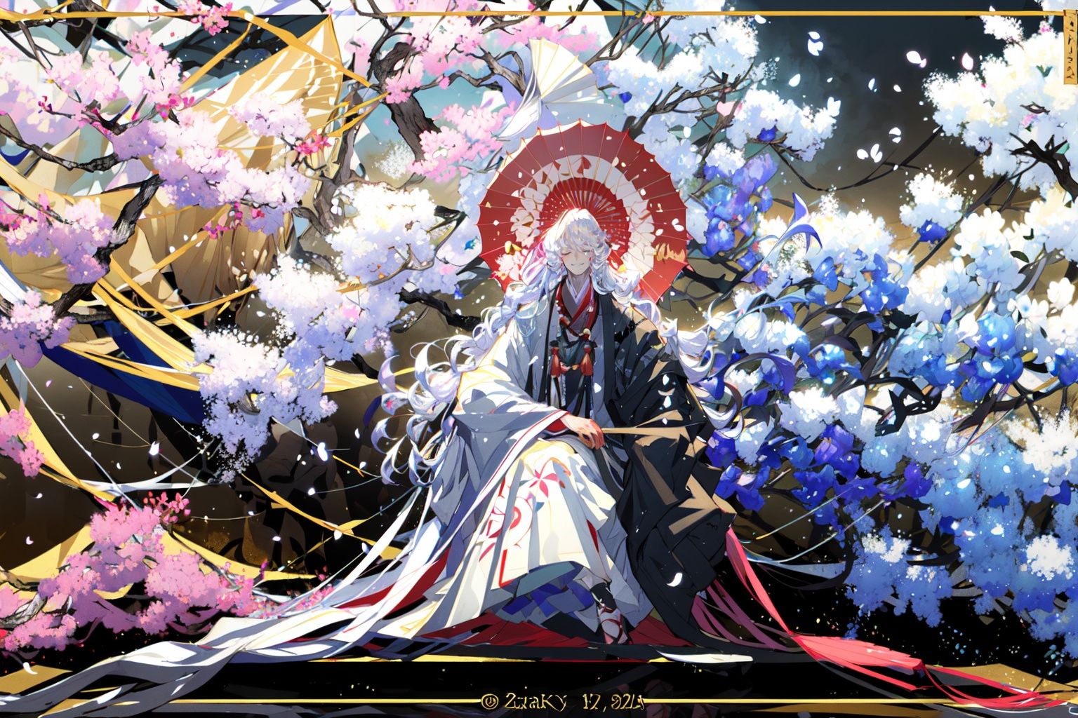 -ghost nocturnal, long hair, solo, umbrella, japanese clothes, lantern, sakazuki, 1boy, male focus, very long hair, alcohol, white hair, kimono, cup, flower, oil-paper umbrella, sitting, smile, cherry blossoms, looking at viewer, closed eyes, sake, wide sleeves, paper lantern, petals, holding<lora:ghost nocturnal-000018:1>