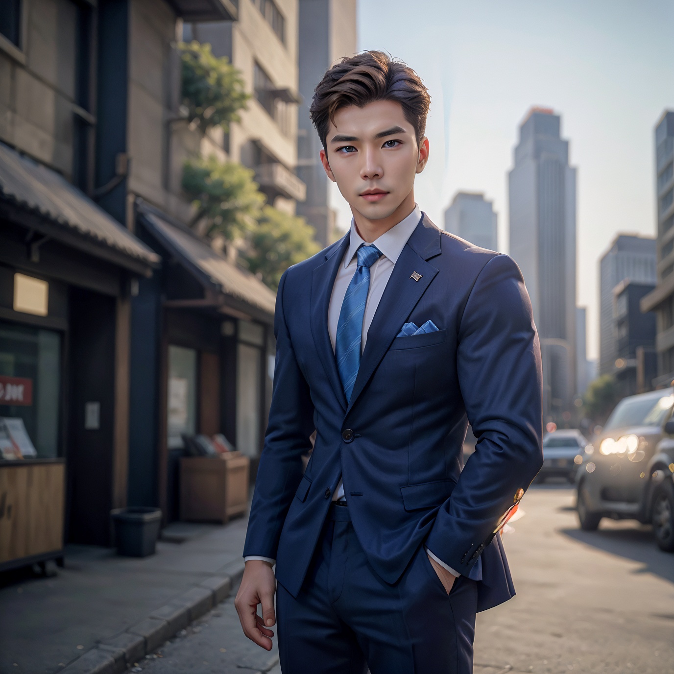 masterpiece, 1 Man, Look at me, Short hair, Blond hair, Asian, A lovely face, Blue eyes, Business suit, Tie, Prepare for battle., Combat posture, City night scene, Close-up, textured skin, super detail, best quality