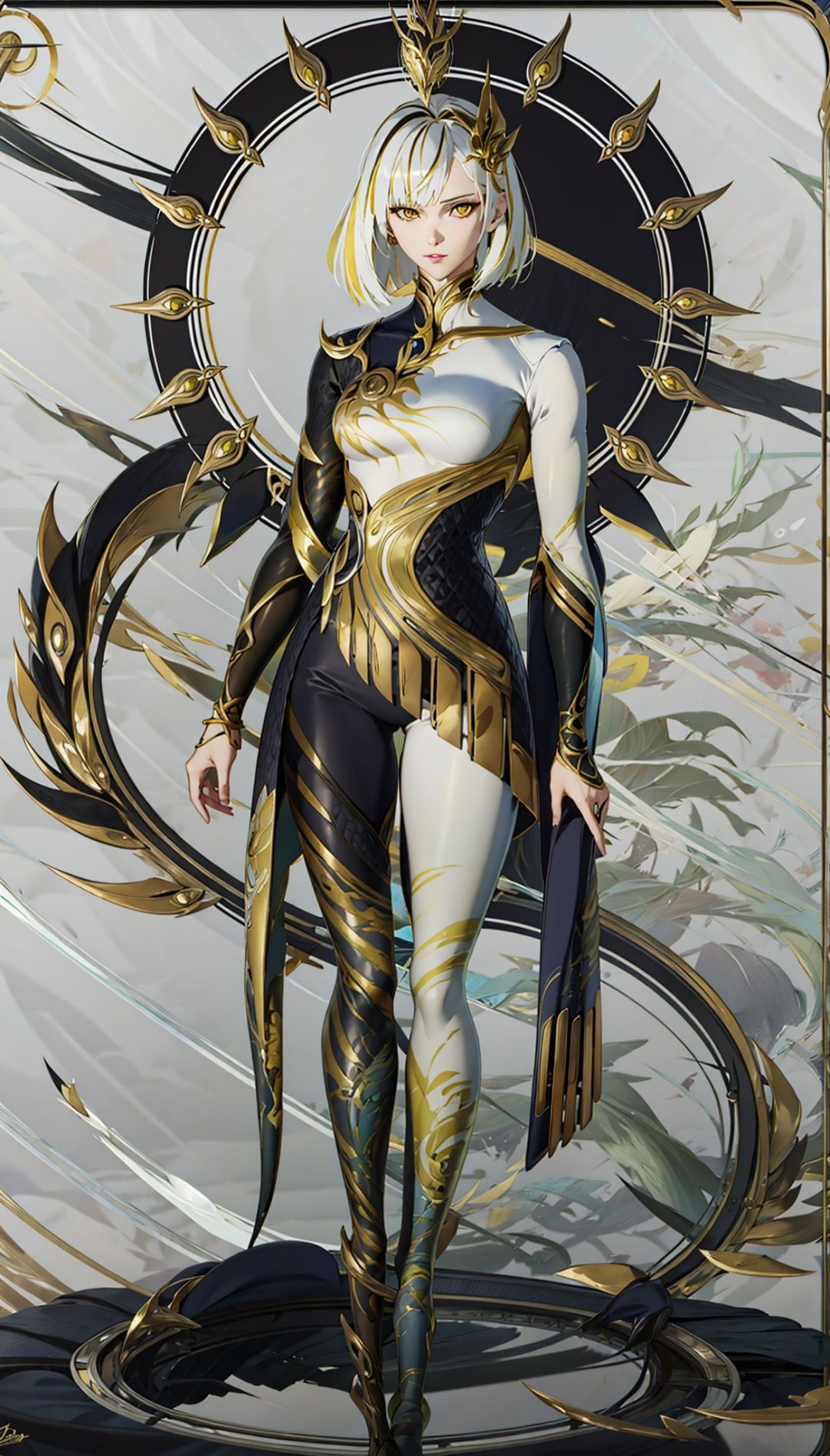  1girl ,armor ,bangs ,blonde hair ,breasts ,closed mouth ,dress ,full body ,jewelry ,lips ,short hair,looking at viewer, makeup ,medium breasts ,parted lips, shoulder armor ,solo, white hair ,yellow eyes
