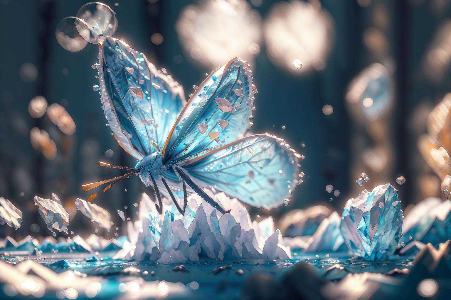 -no humans, blurry, wings, depth of field, water, blurry background, crystal, animal, bokeh, ice, bug,coloured glaze,<lora:coloured glaze-000018:1>,