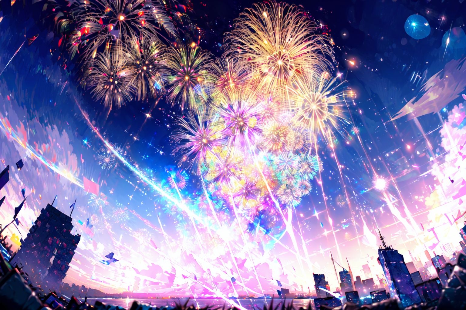 -fireworks, sky, night, night sky, scenery, water, city lights, outdoors, no humans, star (sky), city, cityscape, building, starry sky, aerial fireworks, cloud,coloured glaze,<lora:coloured glaze-000018:1>,