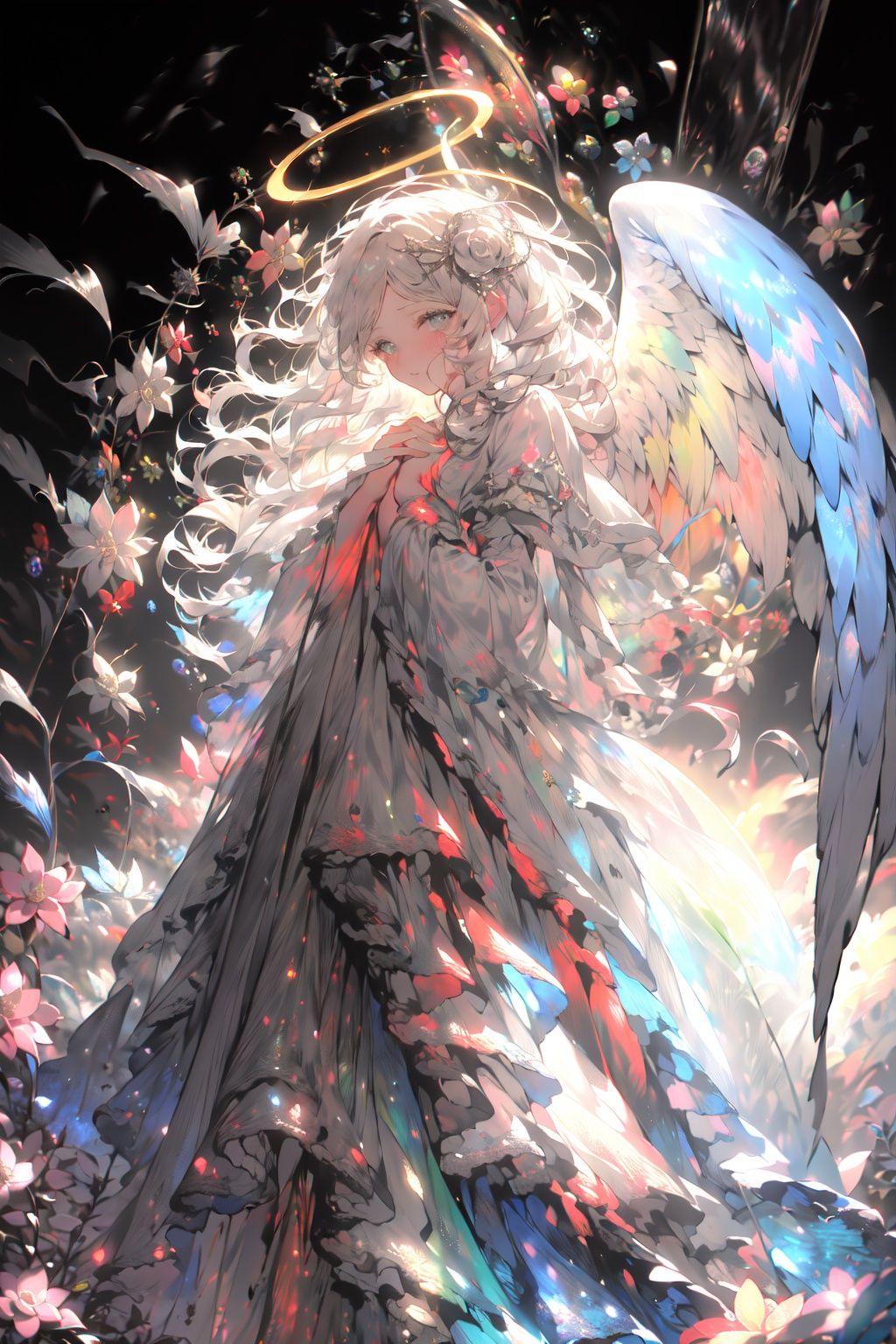 -1girl, solo, halo, wings, long hair, angel, white hair, angel wings, dress, feathered wings, looking at viewer, hair ornament, wide sleeves, white wings, blush, flower, grey eyes, long sleeves, hair flower, bangs, own hands together, hands on own chest, blue eyes, parted bangs,coloured glaze,<lora:coloured glaze-000018:1>,