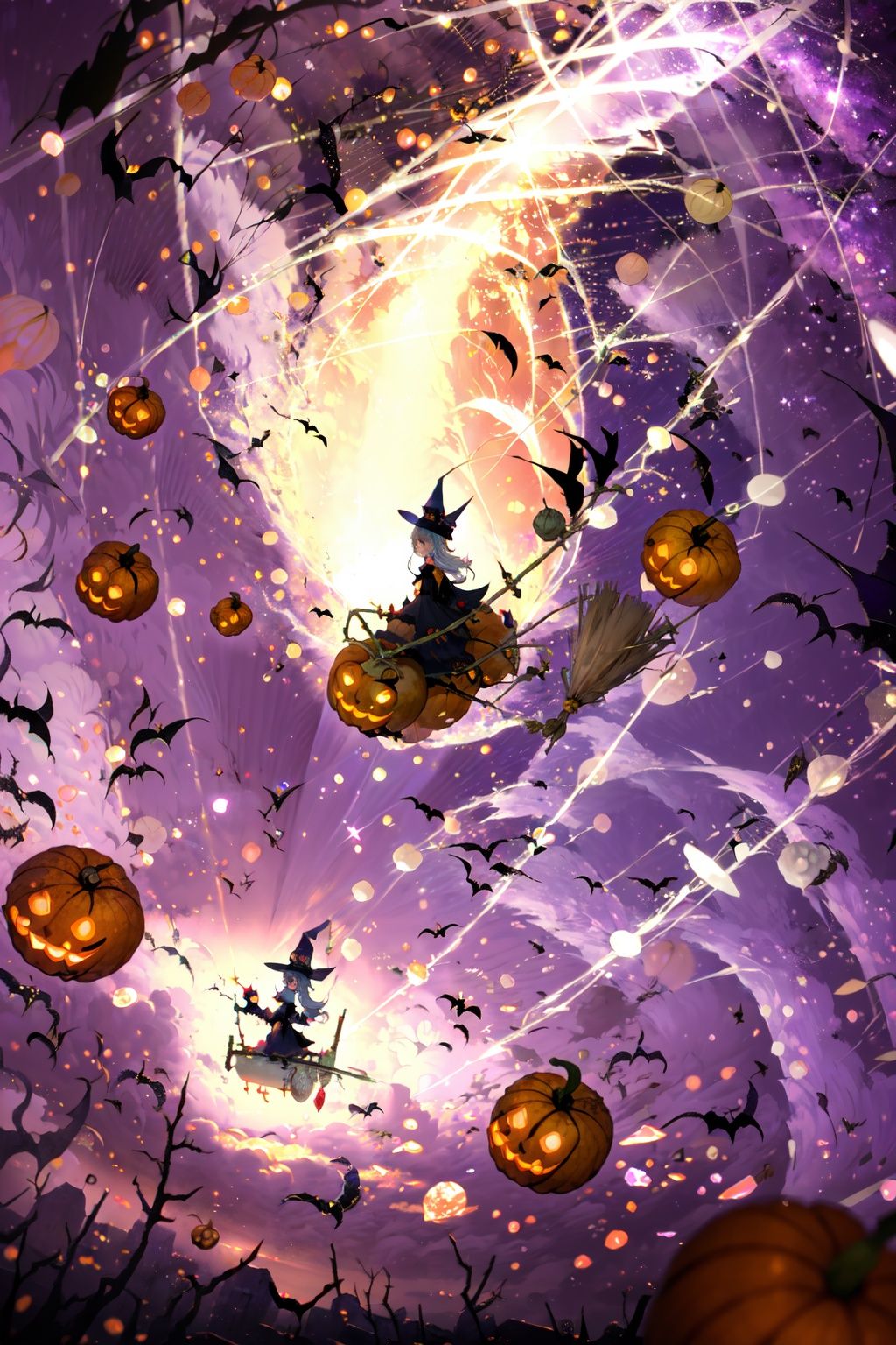 -jack-o'-lantern, witch hat, 1girl, halloween, scenery, hat, star (sky), sky, tree, ghost, pumpkin, starry sky, witch, solo, night, long hair, outdoors, broom, broom riding,coloured glaze,<lora:coloured glaze-000018:1>,