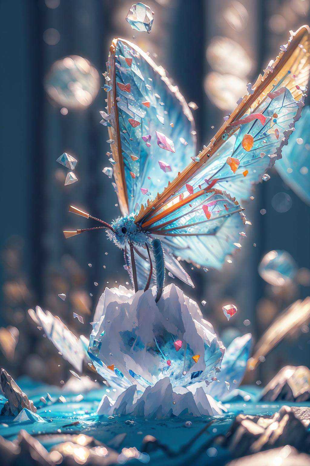 -no humans, blurry, wings, depth of field, water, blurry background, crystal, animal, bokeh, ice, bug,coloured glaze,<lora:coloured glaze-000018:1>,