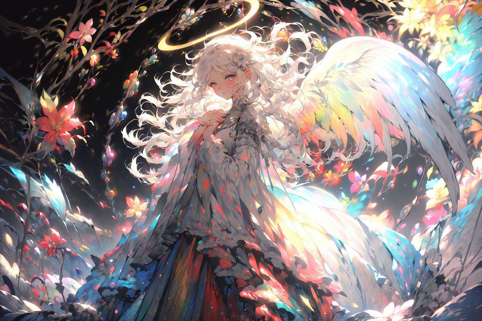 -1girl, solo, halo, wings, long hair, angel, white hair, angel wings, dress, feathered wings, looking at viewer, hair ornament, wide sleeves, white wings, blush, flower, grey eyes, long sleeves, hair flower, bangs, own hands together, hands on own chest, blue eyes, parted bangs,coloured glaze,<lora:coloured glaze-000018:1>,