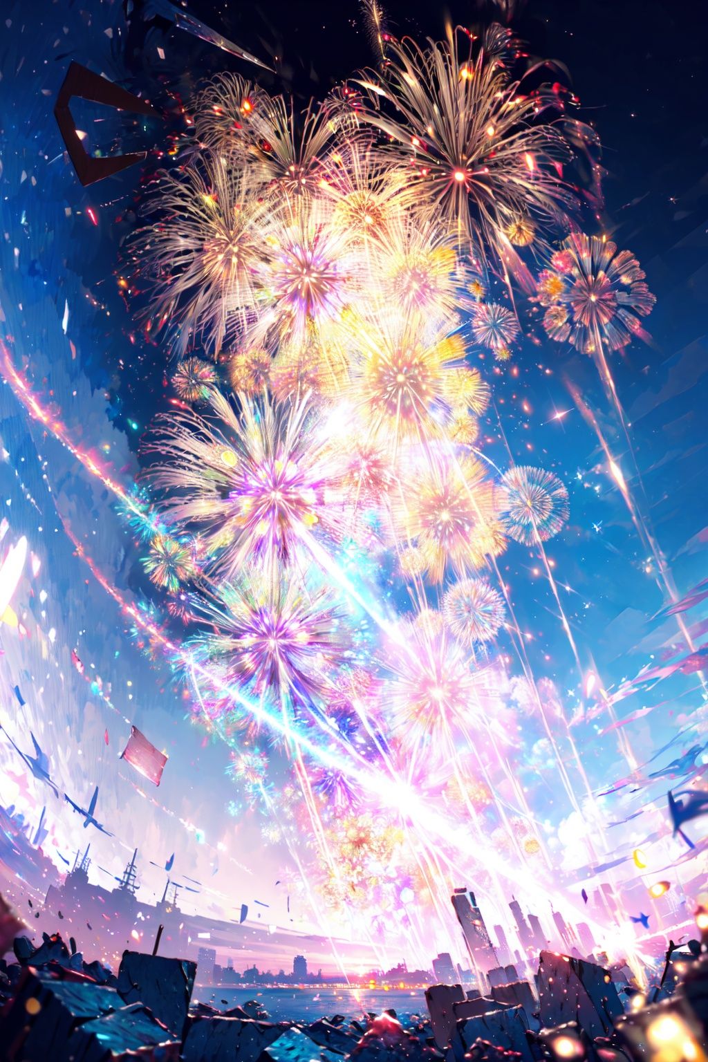 -fireworks, sky, night, night sky, scenery, water, city lights, outdoors, no humans, star (sky), city, cityscape, building, starry sky, aerial fireworks, cloud,coloured glaze,<lora:coloured glaze-000018:1>,