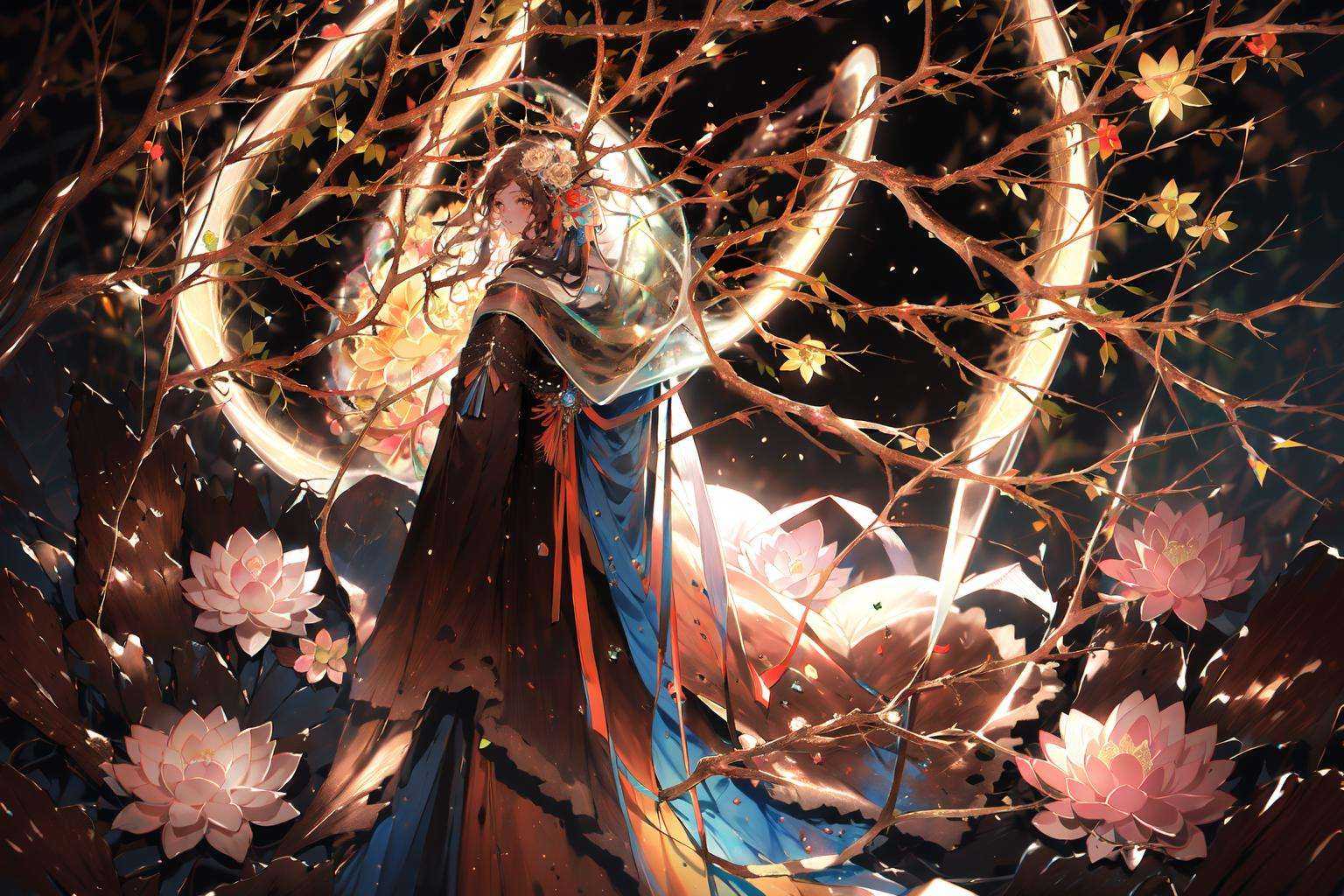 (masterpiece:1.2),best quality,PIXIV,coloured glaze,1girl,flower,solo,hair ornament,shawl,hanfu,hair flower,looking at viewer,looking back,branch,chinese clothes,brown eyes,long hair,dress,holding,ribbon,brown hair,lotus,long sleeves,from behind,antlers,standing,<lora:coloured glaze-000018:1>,