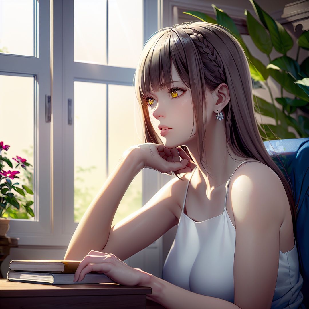 realistic,((masterpiece)), best quality, highly detailed, extremely detailed CG unity 8kwallpaper illustration, ((God's light)), (strong side lighting), (perspective:1.2), (((backlight))), (((Tyndall effect))), (((dense))), ((fog)), ((light leaks)), ((Airborne dust)), depth of field:1.35), ((cold)), library, book on the table, bookshelf, pencil, shiny eyes, hair flaps, (super detailed hair), yellow eyes, glow eyes, (cute animated face:1.3), long eyelashes, ((1girl sitting on the chair)), fair skin, blunt bangs, hair strand, detailed hair, side braid, wavy silver hair, floating_hairline, side braid, crescent earrings, wide eyed, armpits, hair flower, (dappled sunlight on face:1.25), white dress, ////////// blue curtain++++, window, The flowerpot is on the windowsill, plant at background, intricate detail, Cinematic Lighting, focus blur, , , , , , , , , , , 