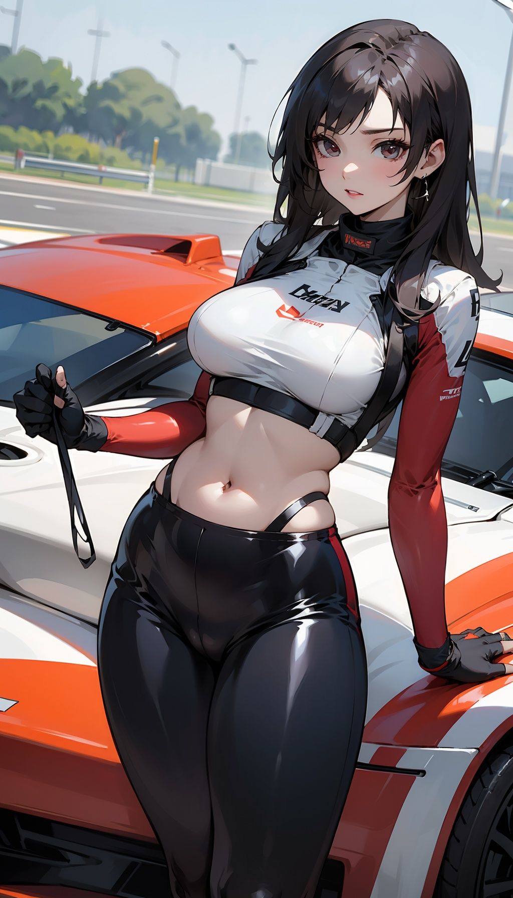 1 female racing driver,  racing suit,  navel exposed on Tensor.Art