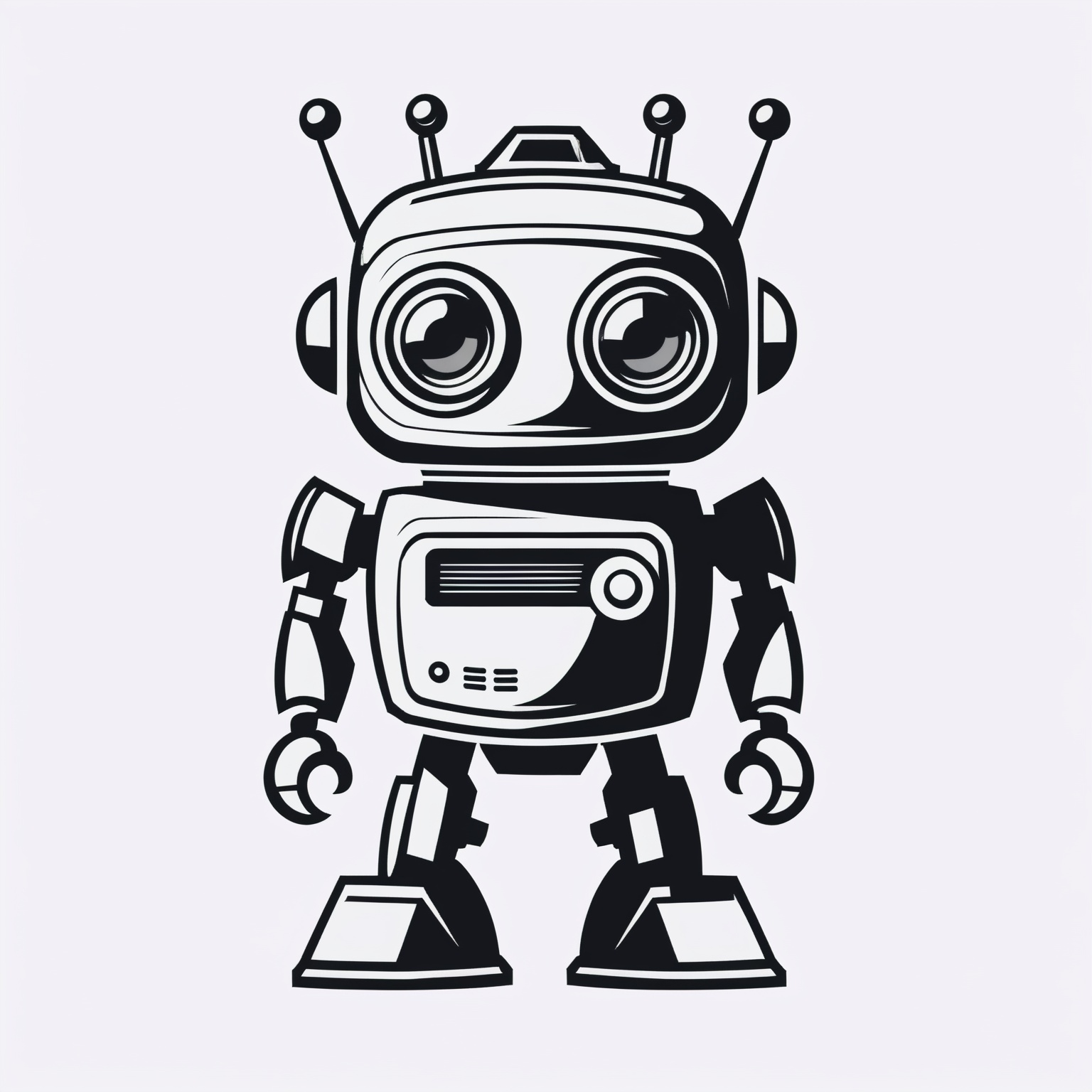 (black and white, robot, logo design, simple color background), (best quality, 4k, 8k, highres, masterpiece:1.2), ultra-detailed, pen and ink drawing, sharp contrast, vintage, retro, scanned texture, precise linework, classic, crisp details, elegant composition, highly-detailed feathers, expressive eyes, dynamic pose, pure simplicity, limited color palette, pop art, eye-catching design, distinct visual identity, iconic symbolism, timeless aesthetic, bold lines, striking visual impact, memorable silhouette