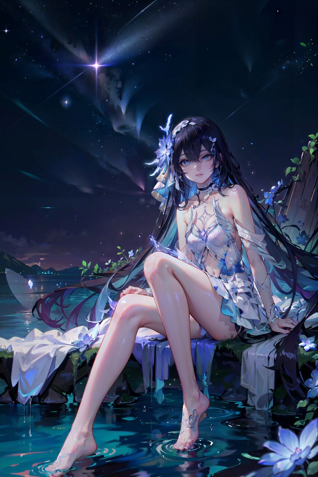 (Masterpiece, best quality,),8k wallpaper,UHD,extra detailed,great view,alpine, looking away, lake，flower field,landscape,wavy,night sky,star sky,galaxy ,planet on the sky,<lora:xier-v100-000027:0.8:lbw=OUTALL>, xier, 1girl, hair ornament, long hair,  hair flower, blue eyes, bangs, barefoot,white dress,(very long dress:1.1),(single side horn ornament:0.5), <lora:EnvyBetterHands LoCon_beta2 辅助:0.55>(beautiful_face), ((intricate_detail)), clear face,((finely_detailed)), fine_fabric_emphasis,((glossy)), 