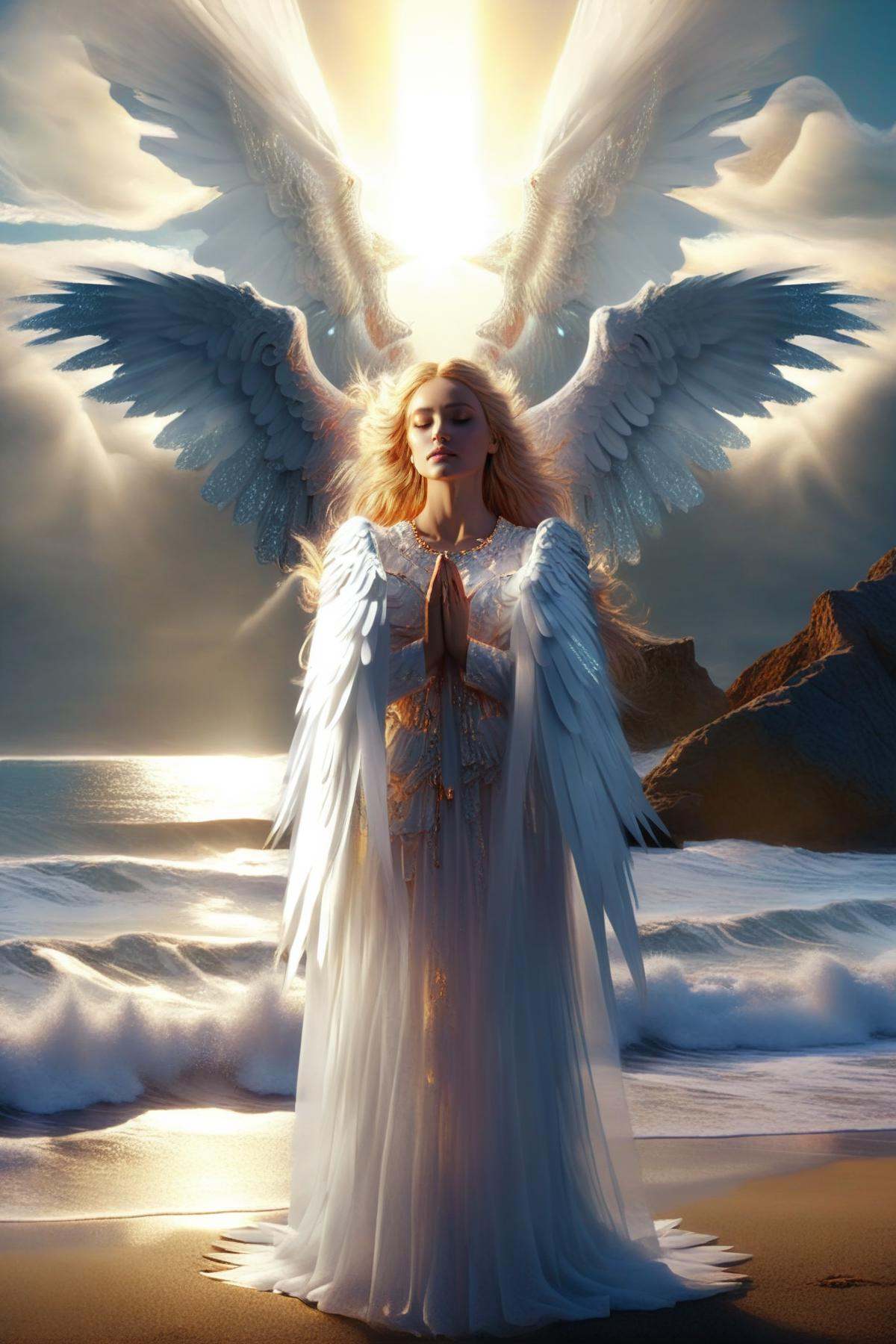a beautiful holy woman looking sad,  (cherubim),  a hyperrealism cinemascope landscape long shot photograph of a beach at...