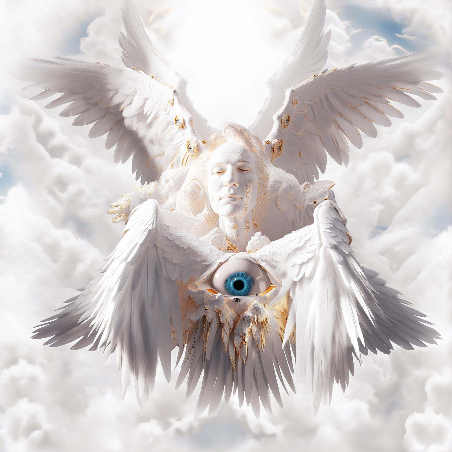 beautiful cherubim,  feather wings,  golden heaven on Tensor.Art