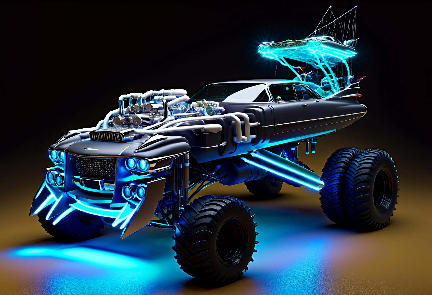 Gigahorse,  crystal bridge,  neon waterfall on Tensor.Art