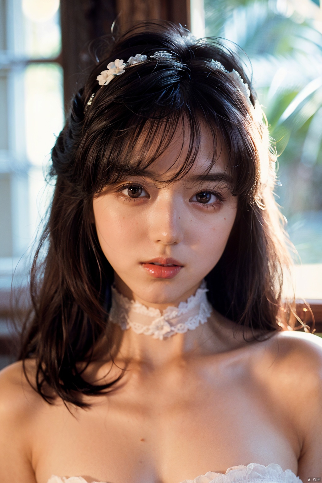 an extremely delicate and beautiful girl, dark cyan pupils, long white hair, choker, hair ornament hair clip,cold and elegant, close-up, half-body drawing, noble lolita with delicate texture, white atmosphere, high quality, masterpiece, {{1girl}},,