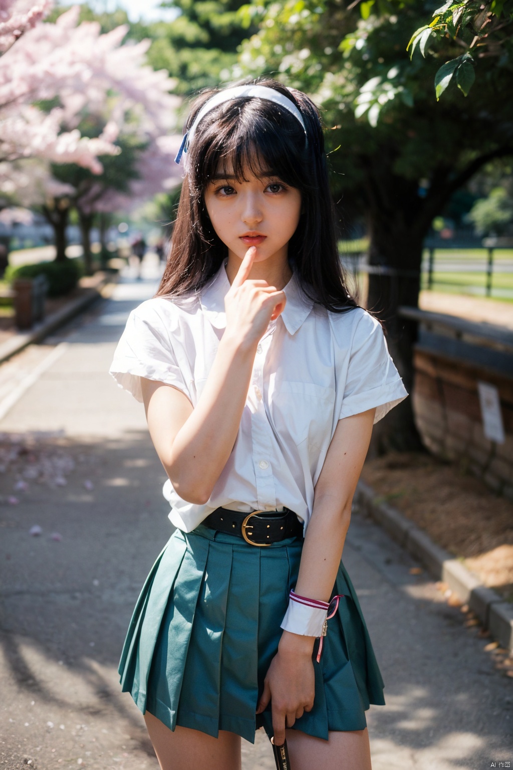 konpaku_youmu, petals, sword, weapon, cherry_blossoms, 1girl, solo, katana, green_skirt, ribbon, sheath, hairband, black_hairband, hair_ribbon, holding_sword, skirt, black_ribbon, silver_hair, belt, short_sleeves, flower, hitodama, holding, shirt, konpaku_youmu_ghost,