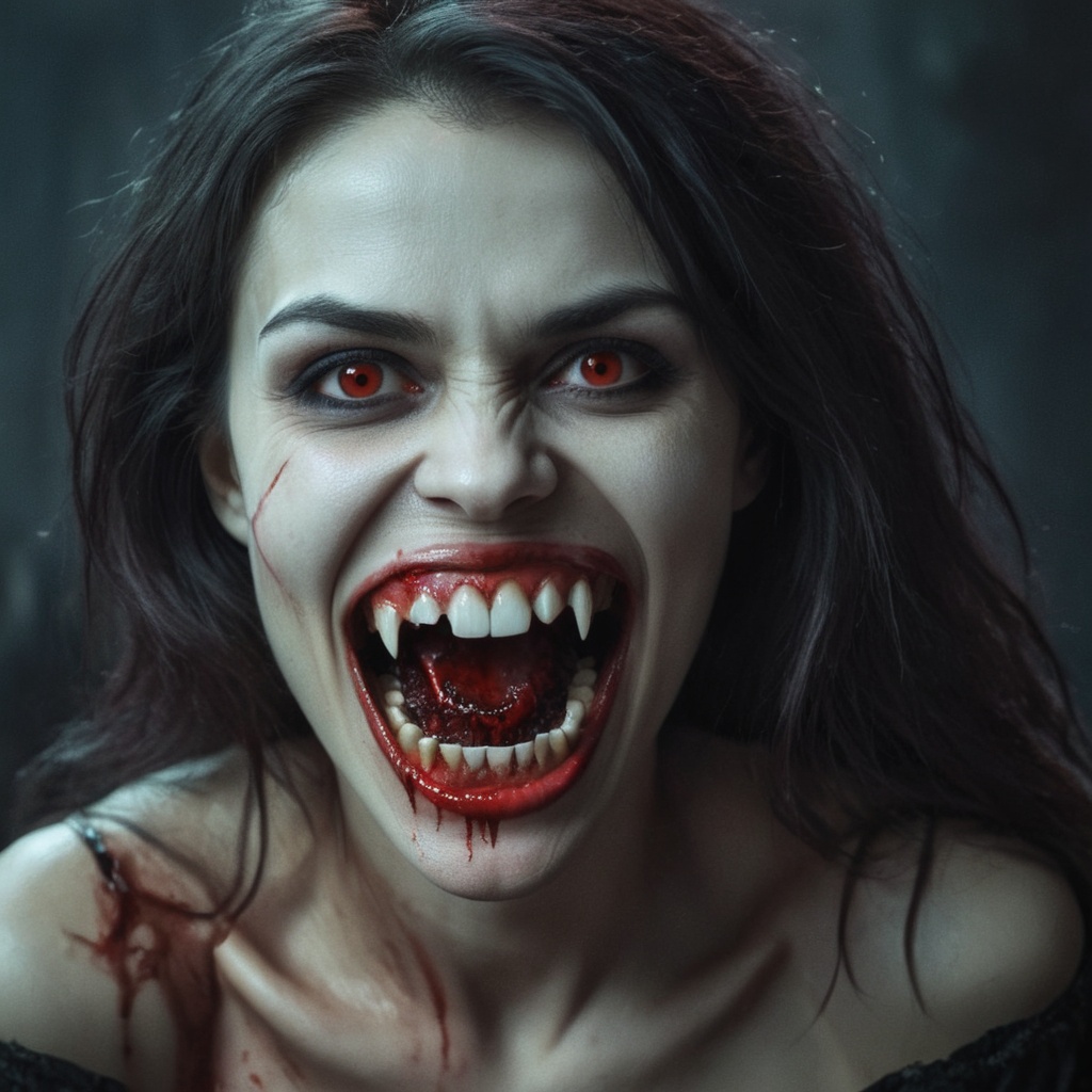 Dark Fantasy Art of Cinematic Film Look a woman with a very big smile on her bloody face with vampire's teeth vampire bloo...