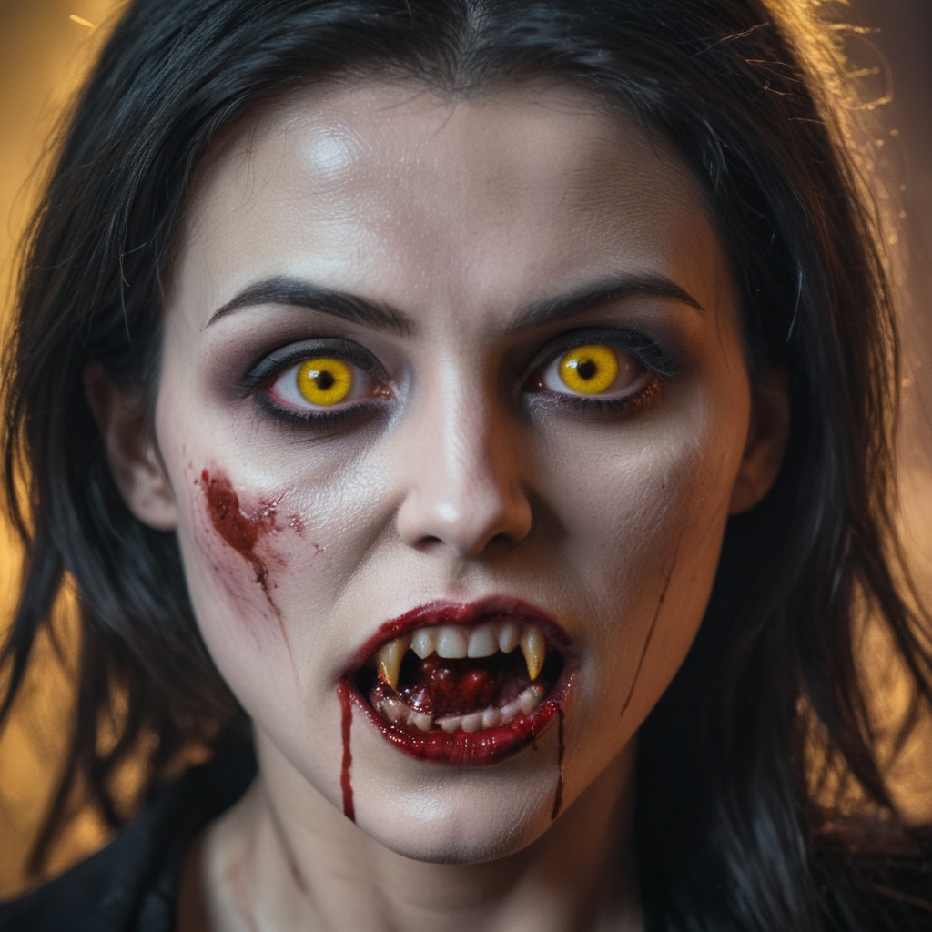 cinematic film still of a vampire woman with blood on her face and yellow eyes cinematic vampire film style,  shallow dept...