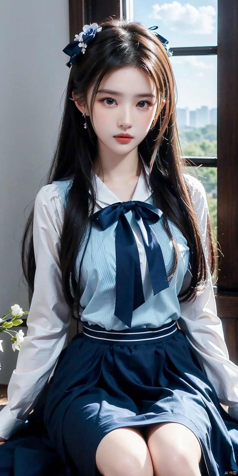  Highest quality, 8K, 1 girl, arm support, Bangs, Blue Bow, blue eyes, blue flowers, blue tie, Blue Ribbon, blue rose, blue dress, Blue Sky, chest, clouds, Cloudy Sky, day, earrings, flowers, ornament, hair between eyes, white hair, hair ornament, interior, jewelry, long hair, long sleeves, look at audience, medium chest, neck ribbon, open window, petals, ribbon, rose, shirt, sit, skirt, sky, solo, very long hair, white shirt, window, liuyifei