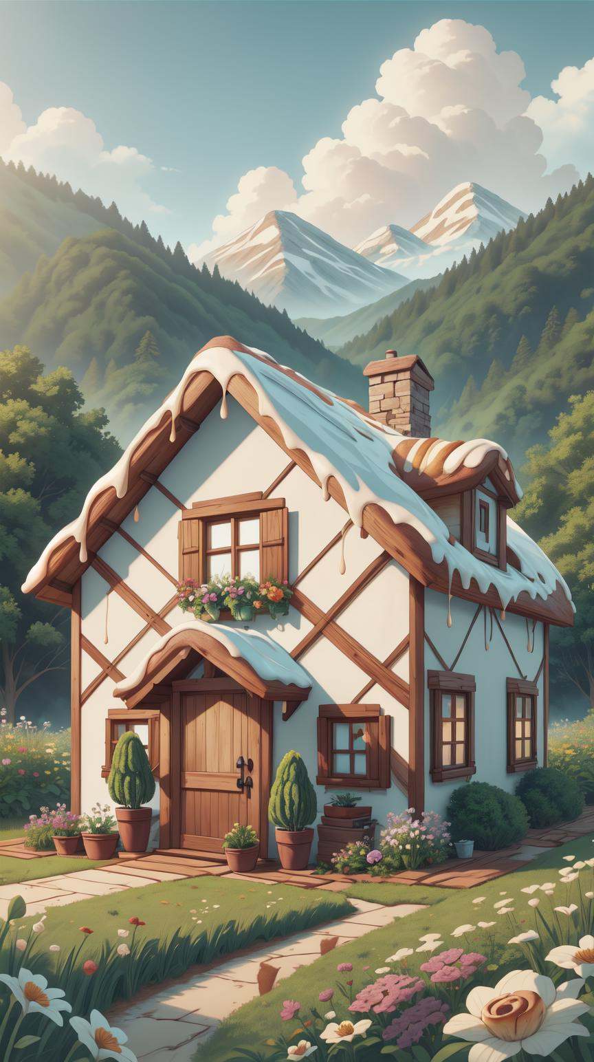 CinnamonBunStyle a quaint cottage nestled in a field of blooming flowers on Tensor.Art