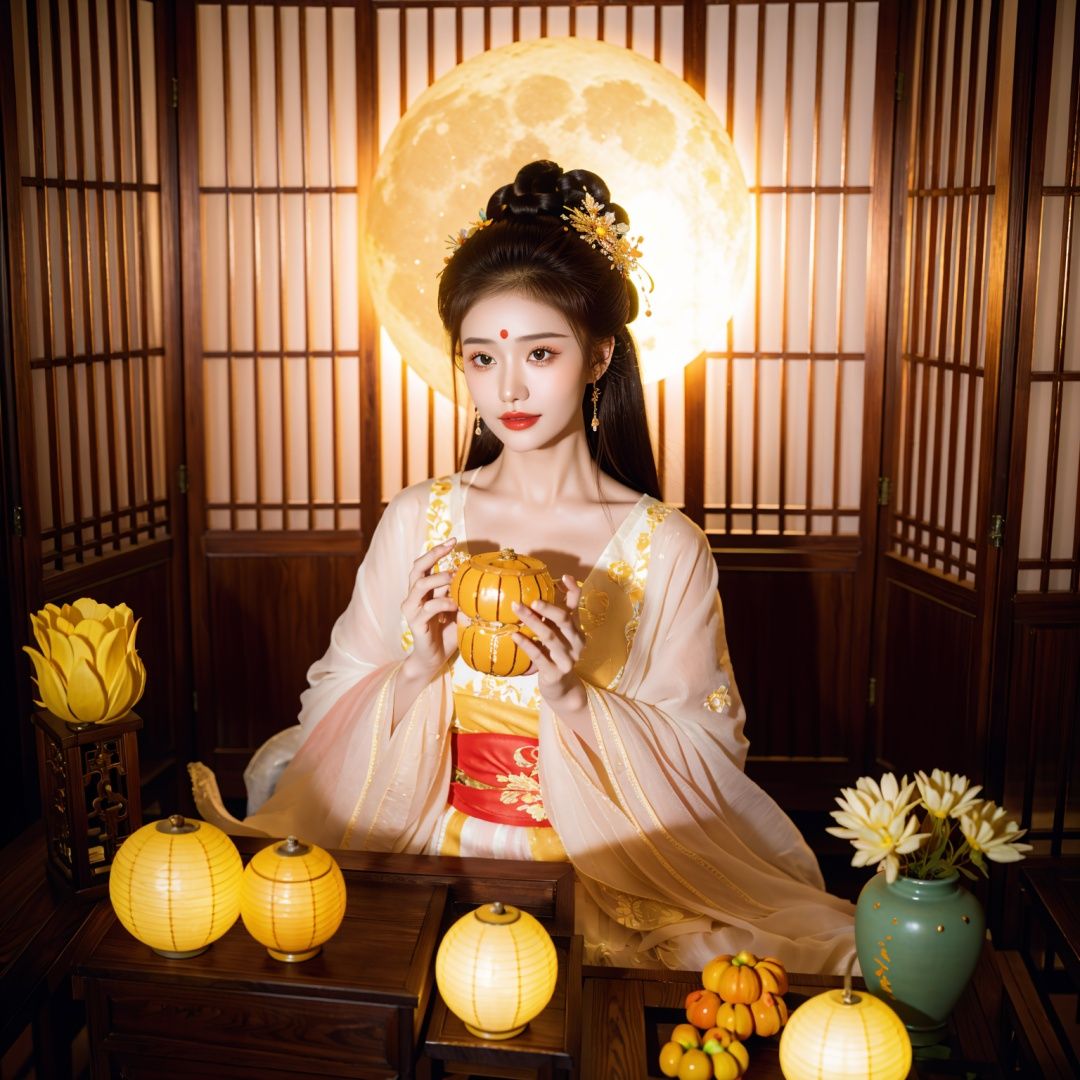 changexianzi, cexz2, 1girl, solo, long hair, looking at viewer, brown hair, black hair, hair ornament, long sleeves, dress, holding, jewelry, sitting, upper body, flower, earrings, food, indoors, hair flower, wide sleeves, hair bun, cup, head tilt, see-through, makeup, night, fruit, chinese clothes, moon, table, own hands together, plant, night sky, full moon, rabbit, shawl, lantern, realistic, yellow flower, holding flower, teapot, paper lantern, vase, tokkuri, hanfu, choko \(cup\)<lora:changexianzi-000007:0.9>